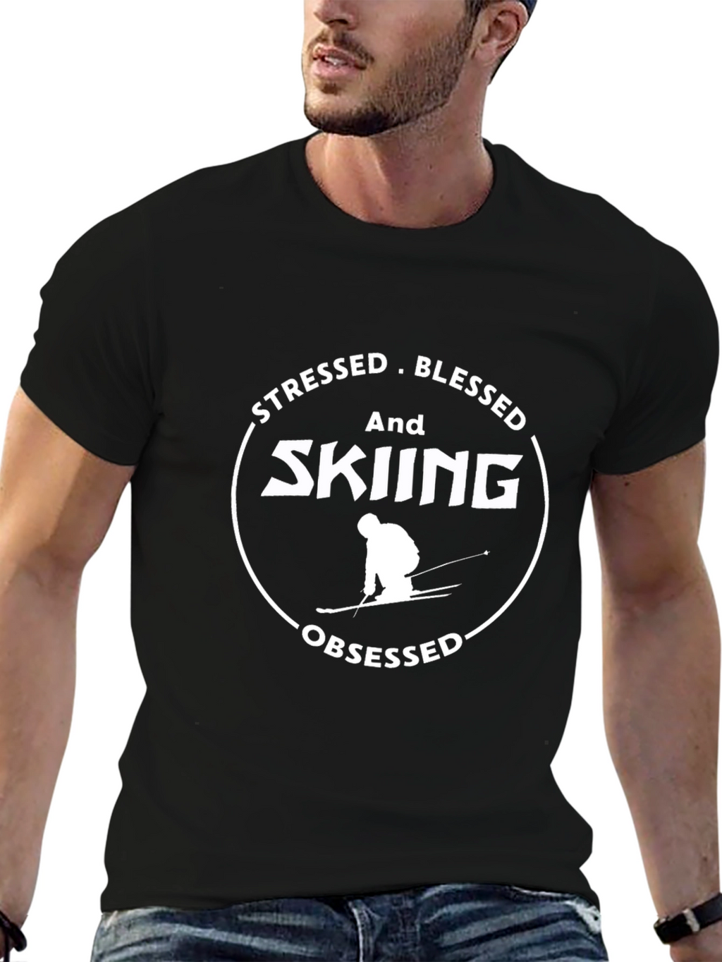 Stressed Blessed Skiing Obsessed Graphic Tee