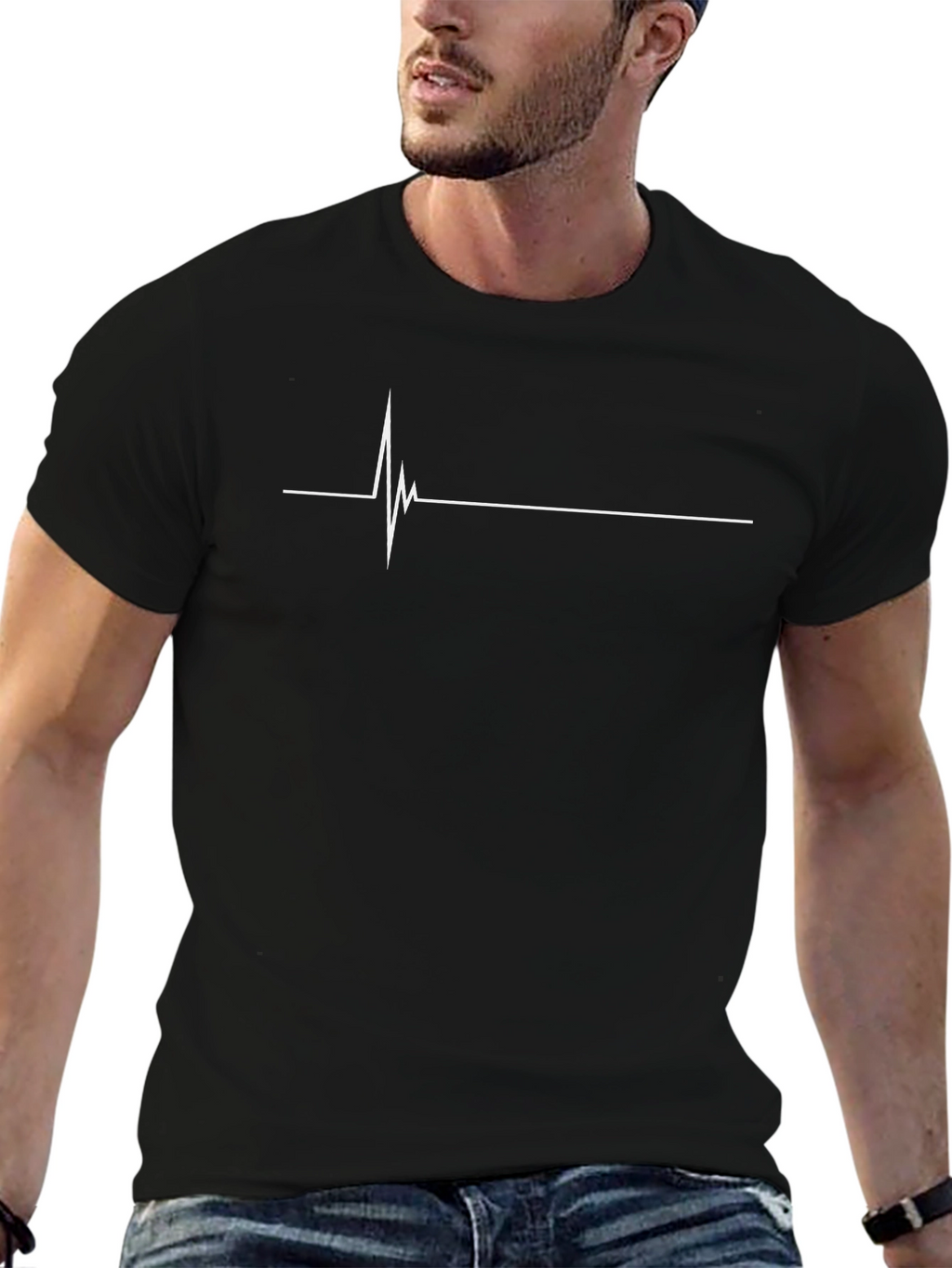 Black T-Shirt with White Heartbeat Line Design