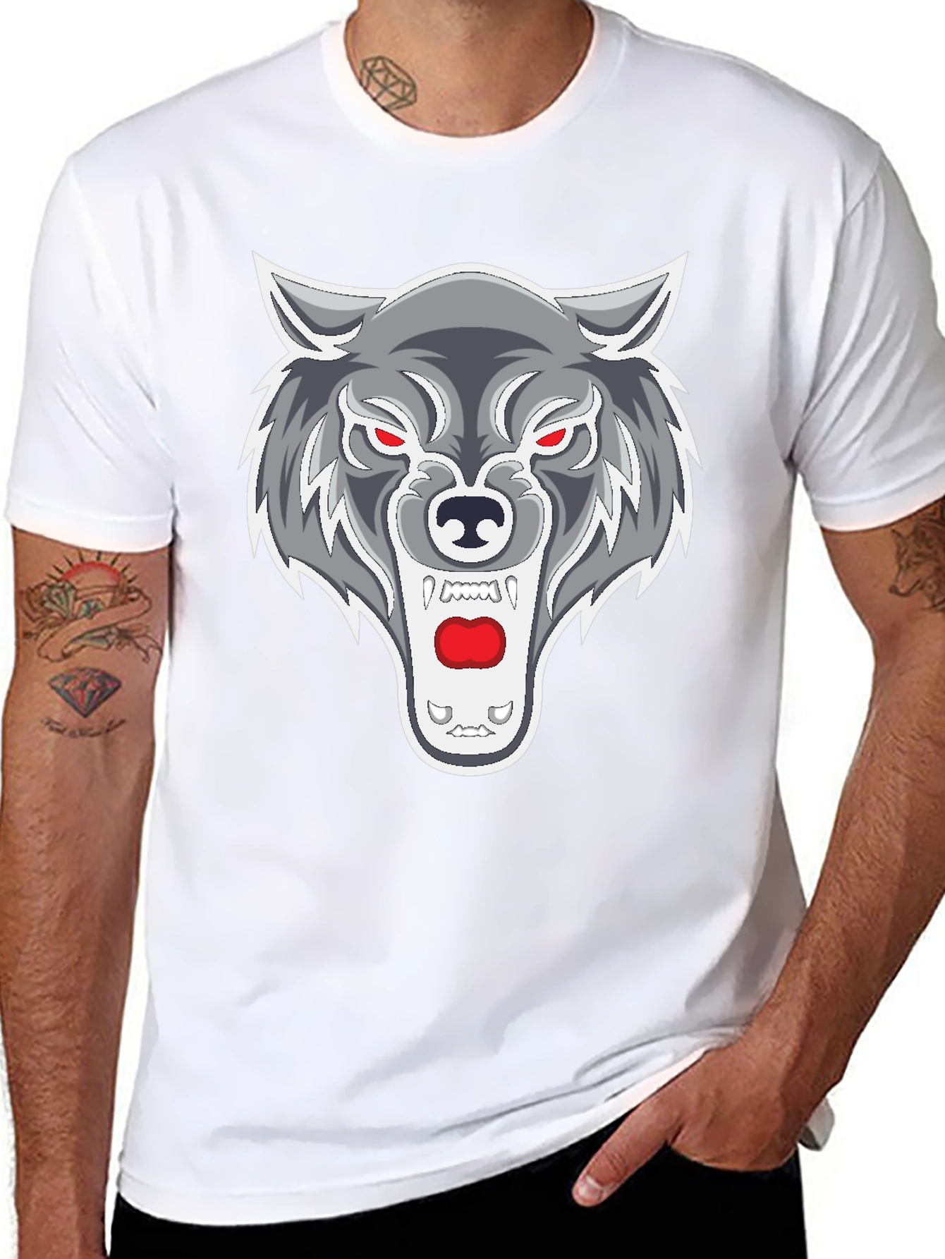 Mens Black T-Shirt with Wolf Graphic