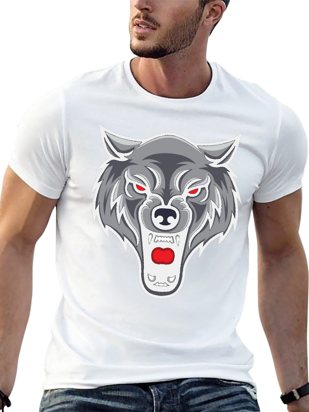 Mens Black T-Shirt with Wolf Graphic