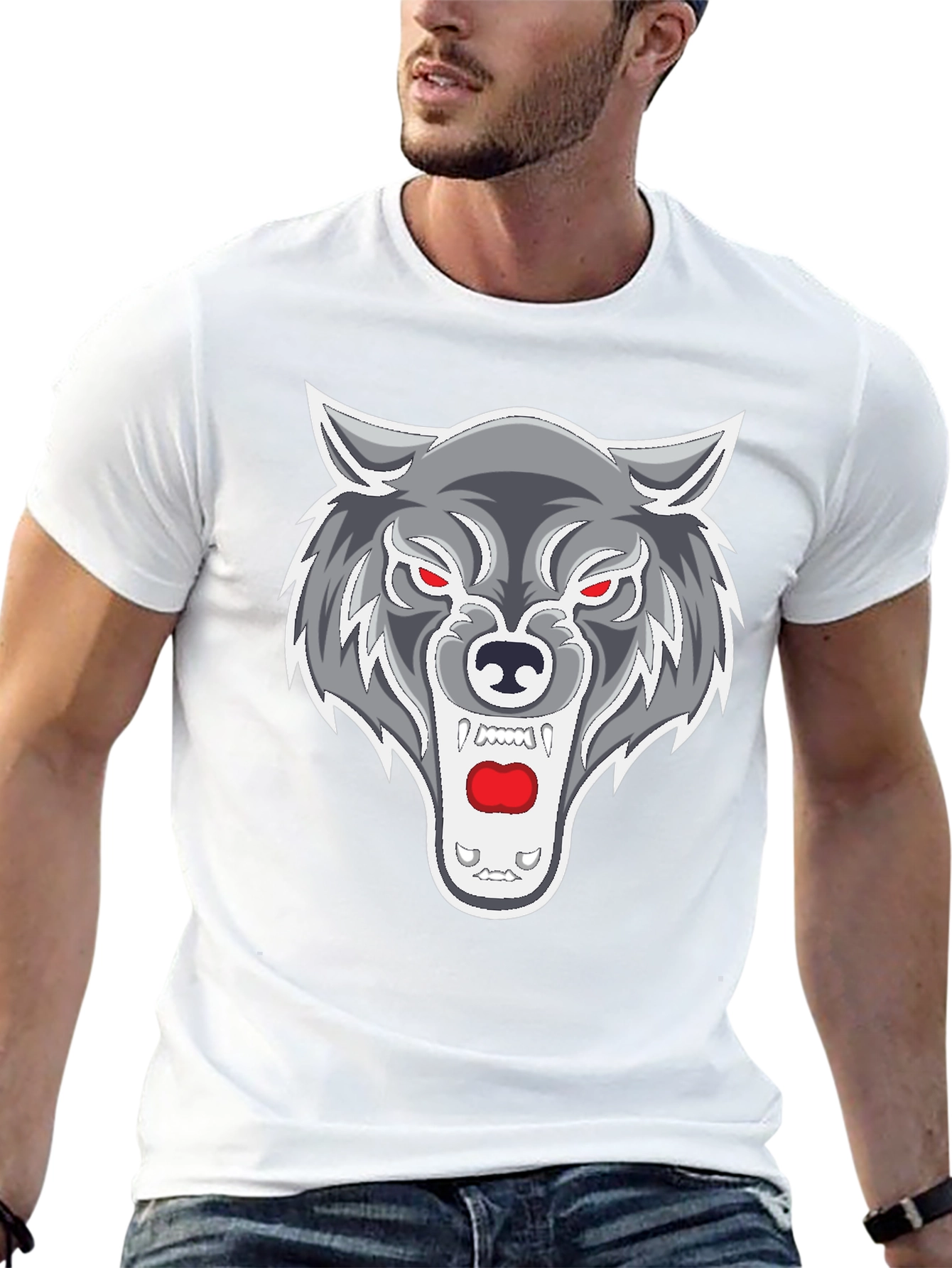 Mens Black T-Shirt with Wolf Graphic