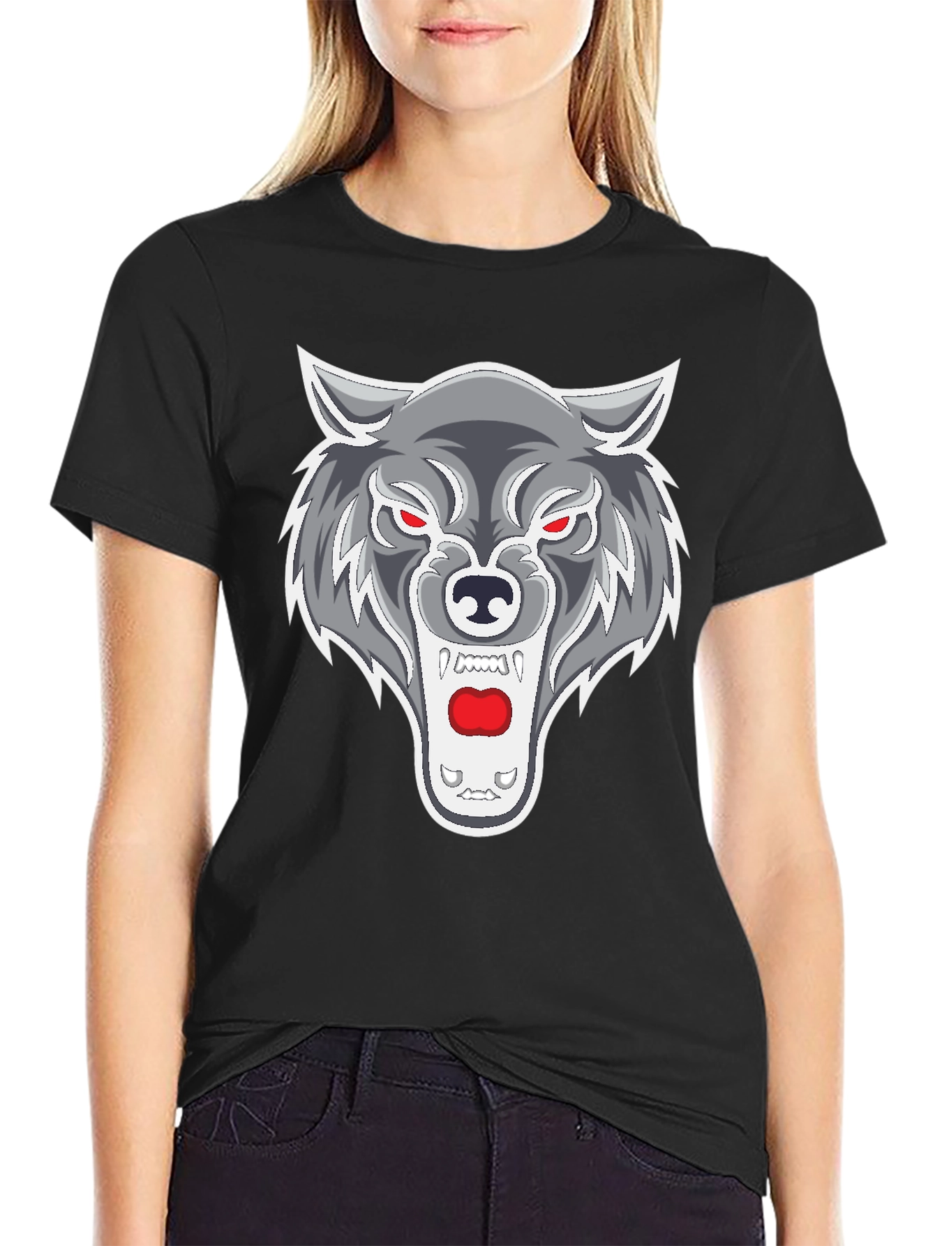Mens Black T-Shirt with Wolf Graphic