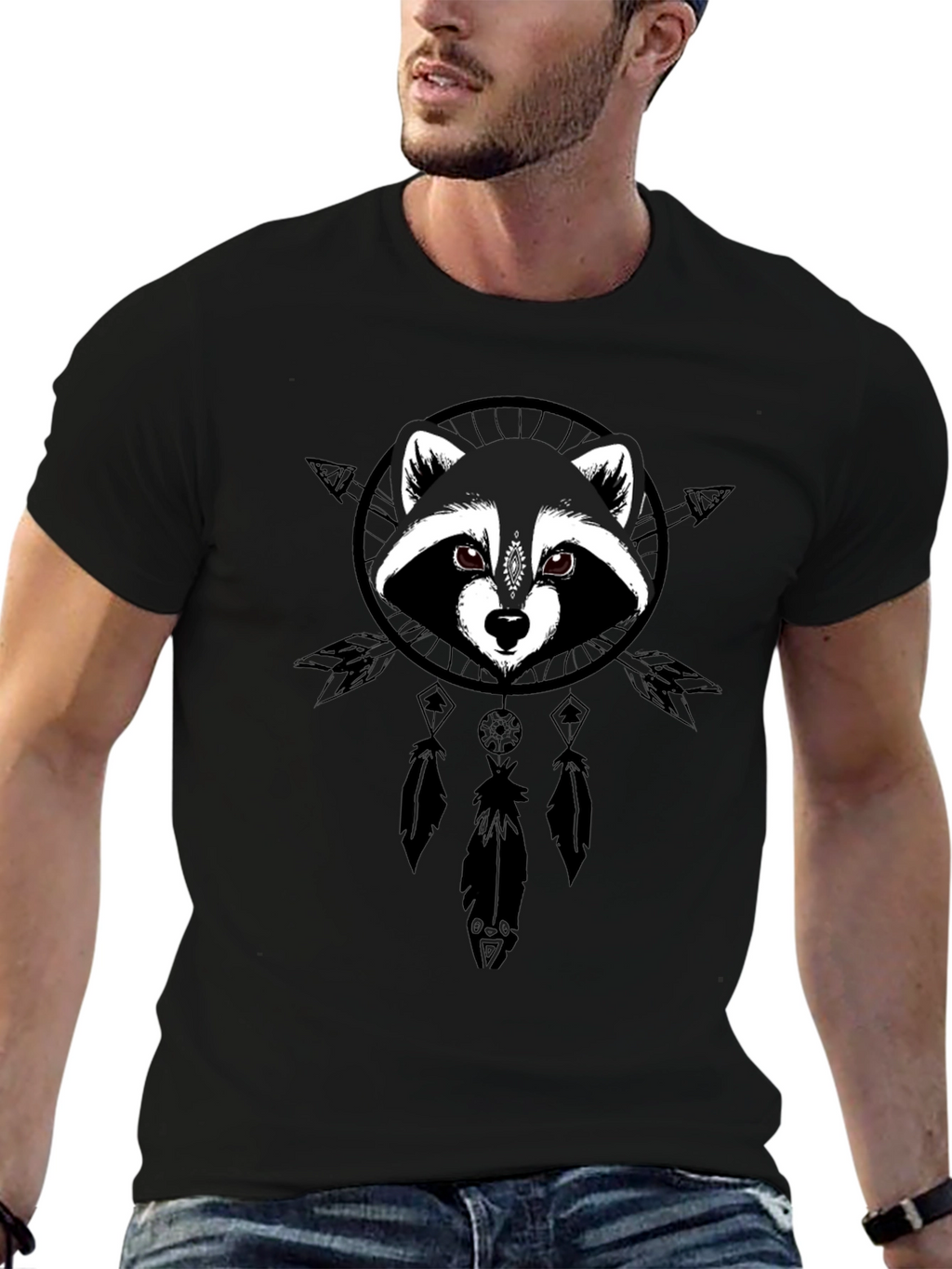 Raccoon Dreamcatcher Graphic Tee - Black Cotton Comfort