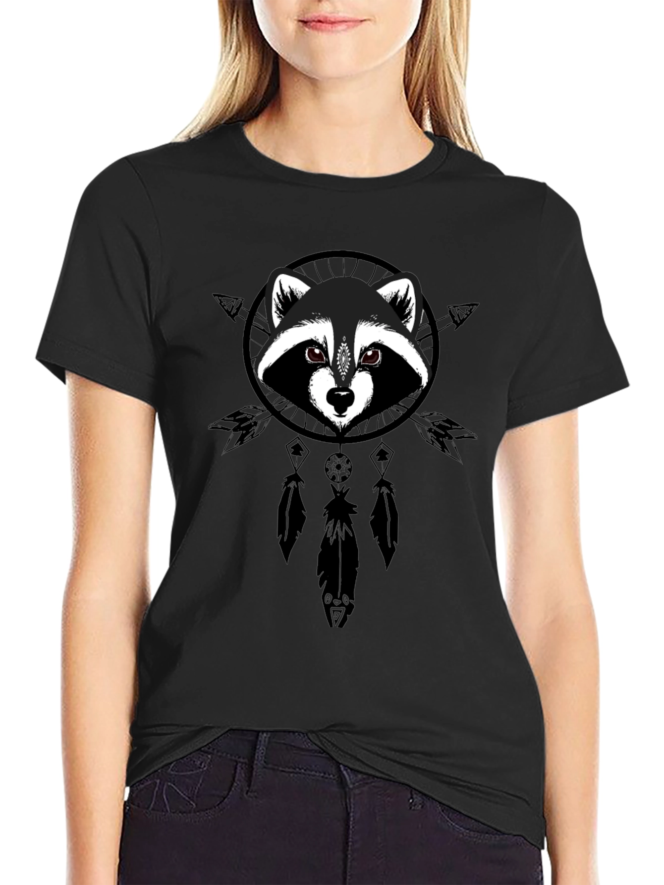 Raccoon Dreamcatcher Graphic Tee - Black Cotton Comfort