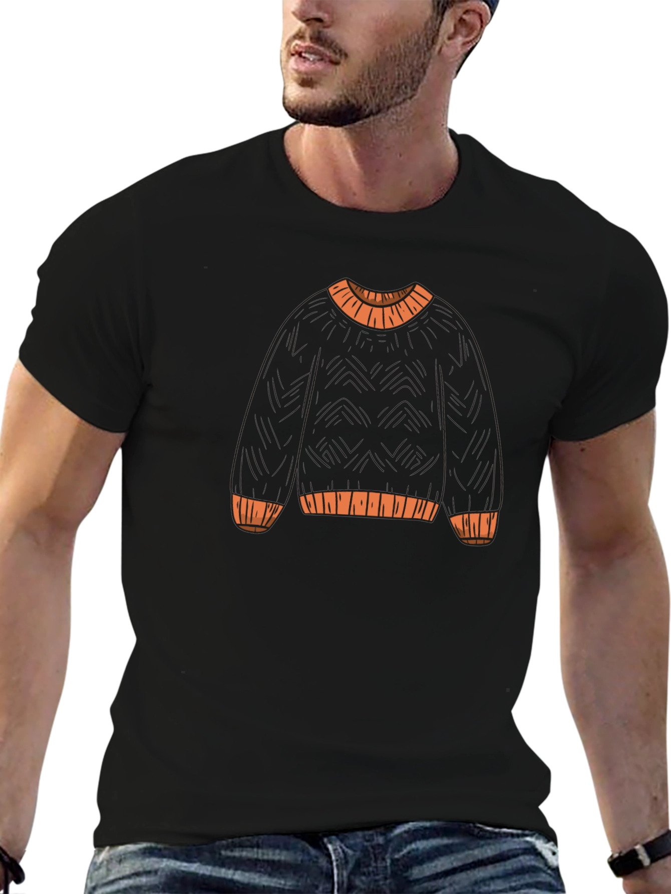 Novelty Sweater Print Black T-Shirt