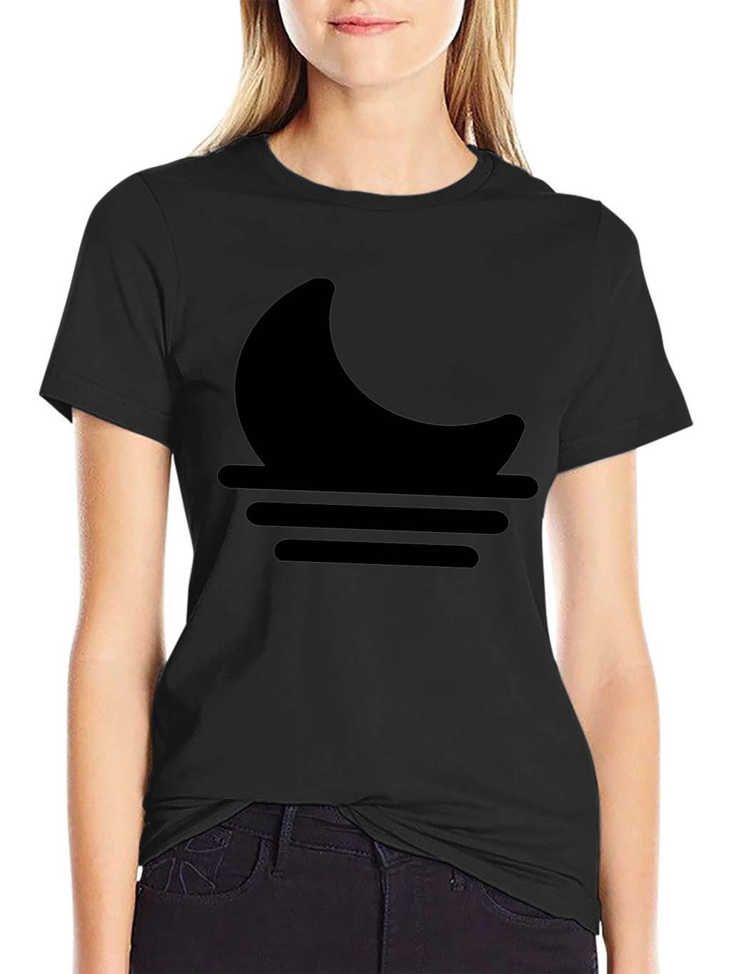Minimalist Moon & Waves Graphic Black T-Shirt