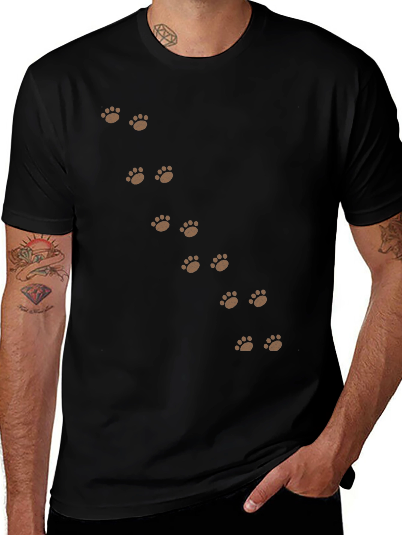 Paw Print T-Shirt - Black Cotton Casual Wear