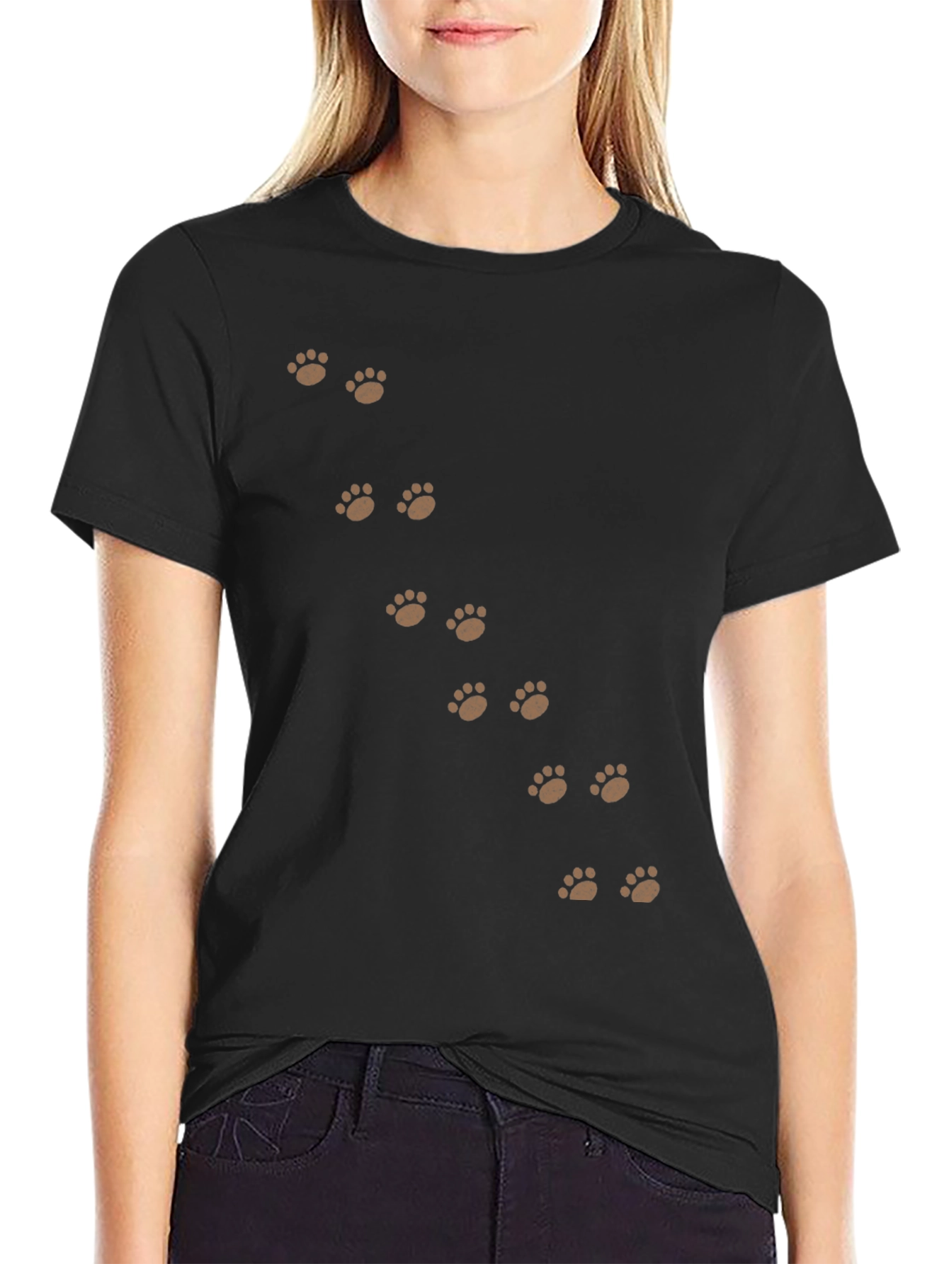 Paw Print T-Shirt - Black Cotton Casual Wear