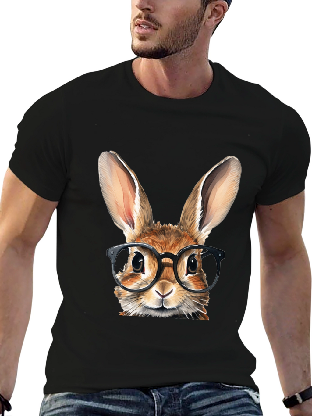 Rabbit with Glasses Graphic Tee - Black