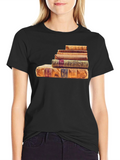 Stacked Books Graphic Tee - Literary Style