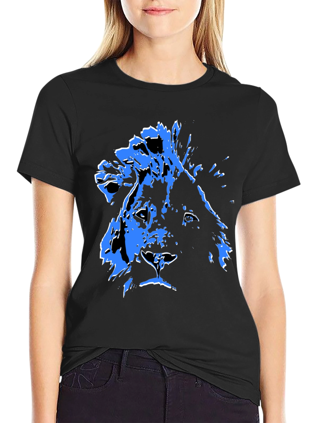 Lion Graphic Tee - Bold Blue Print on Black