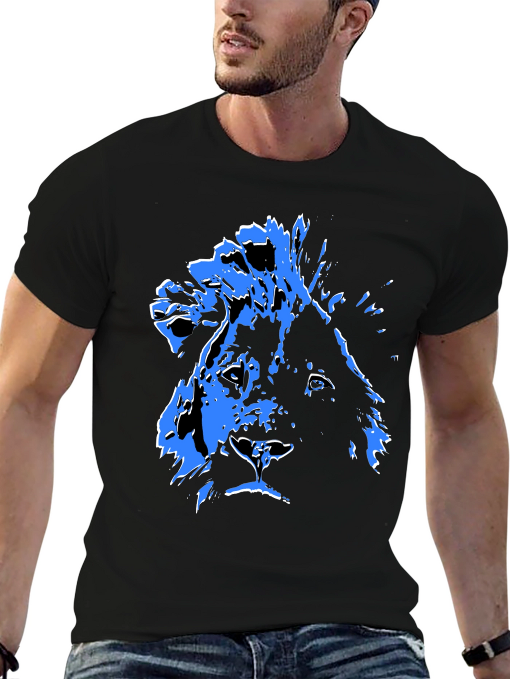 Lion Graphic Tee - Bold Blue Print on Black