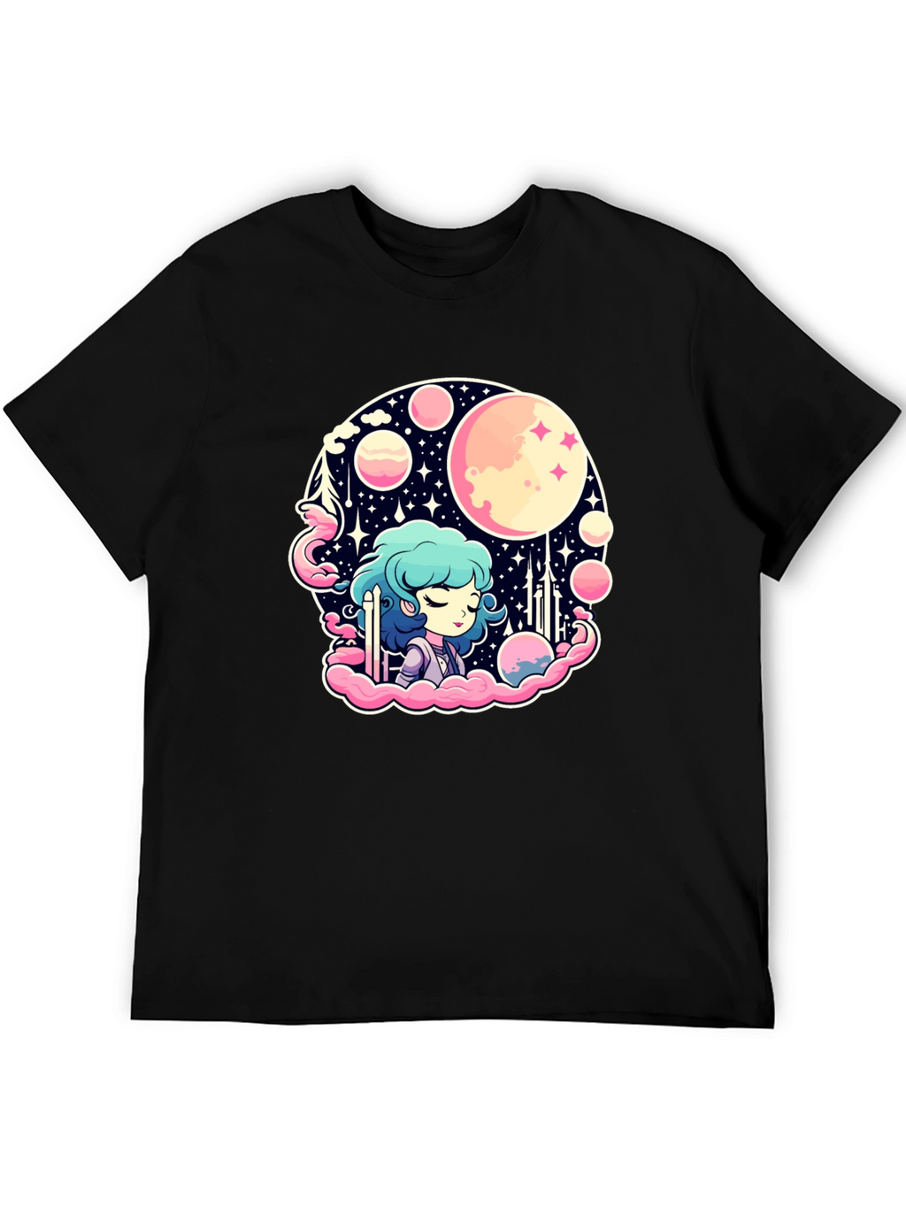 Anime Girl Space Theme Black T-Shirt