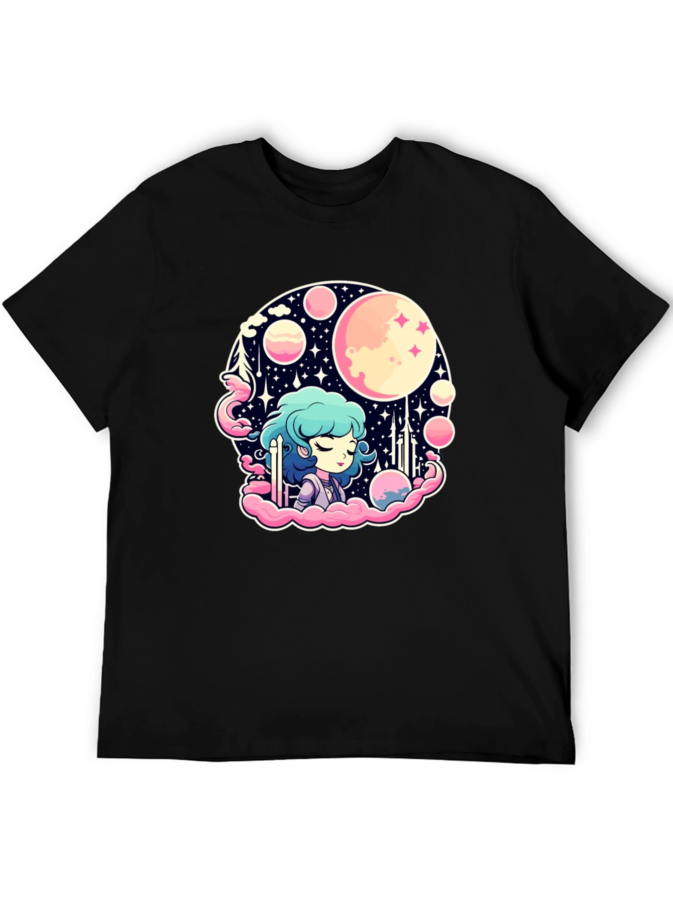 Anime Girl Space Theme Black T-Shirt