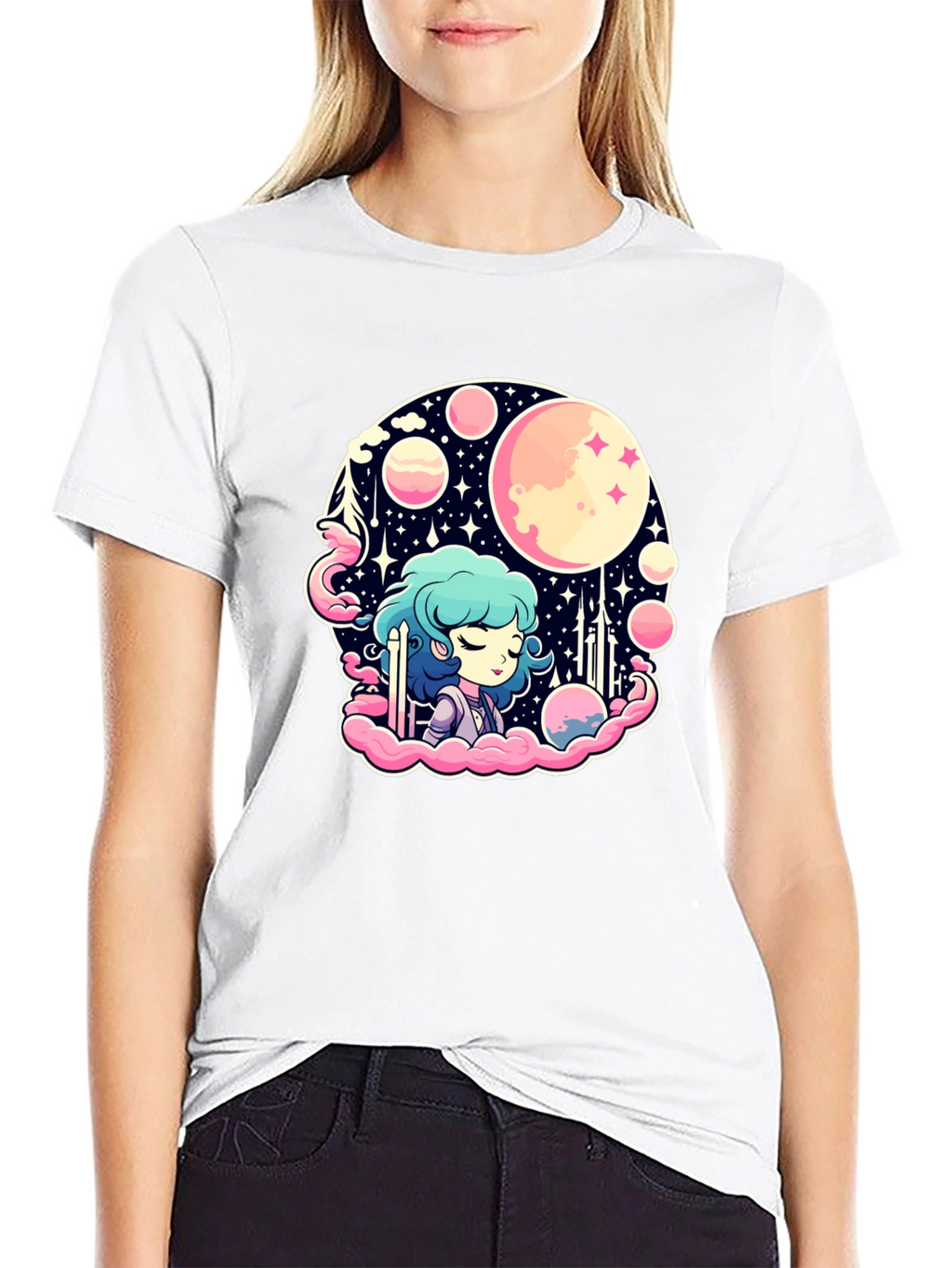 Anime Girl Space Theme Black T-Shirt