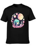 Anime Girl Space Theme Black T-Shirt