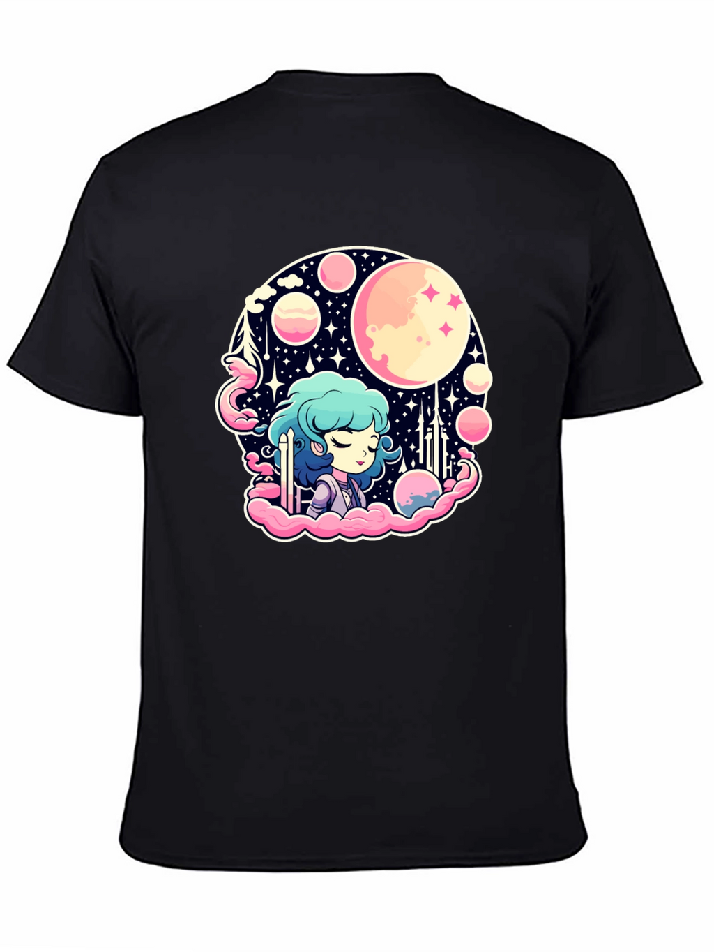 Anime Girl Space Theme Black T-Shirt