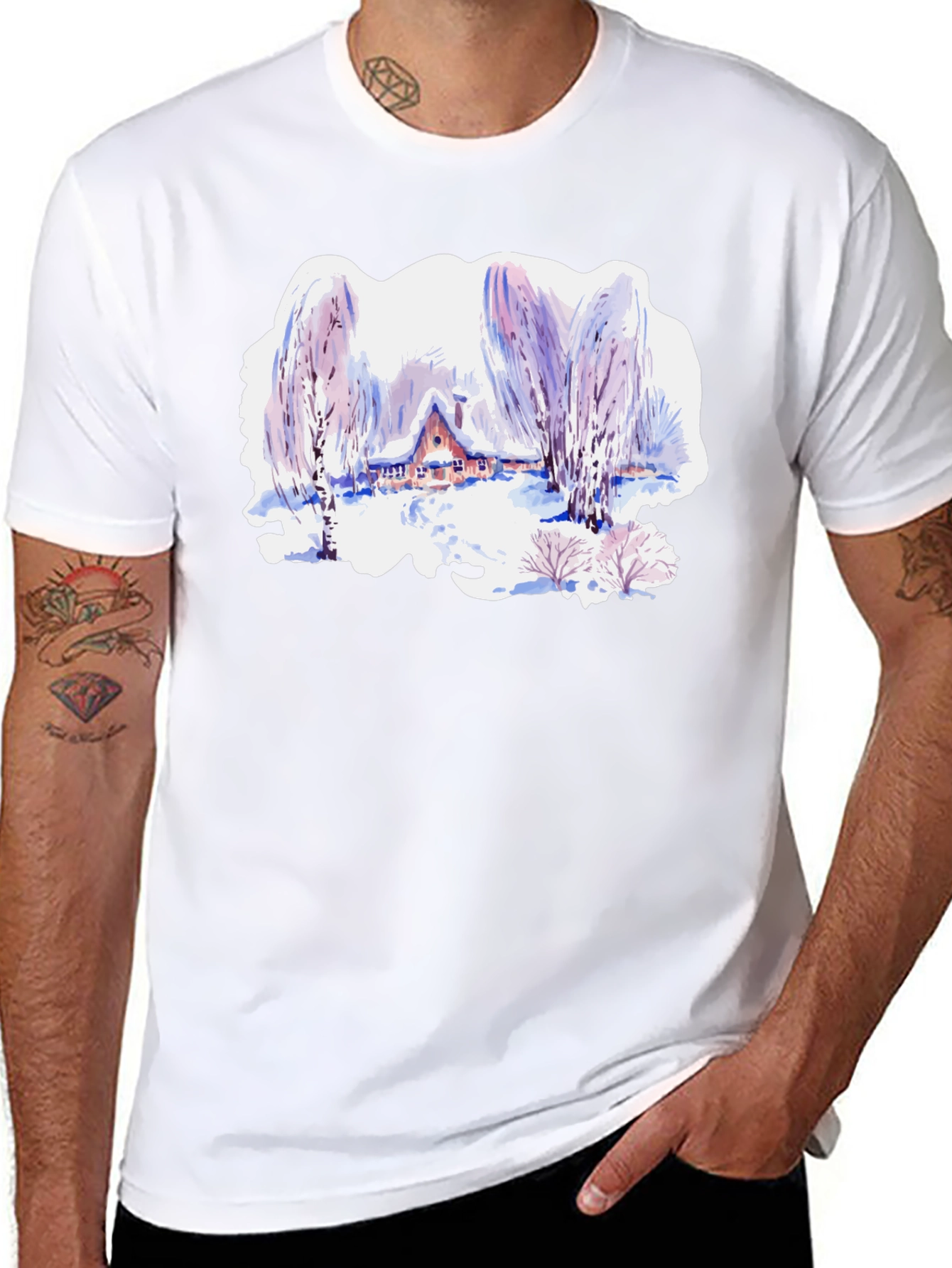 Winter Cabin Watercolor T-Shirt