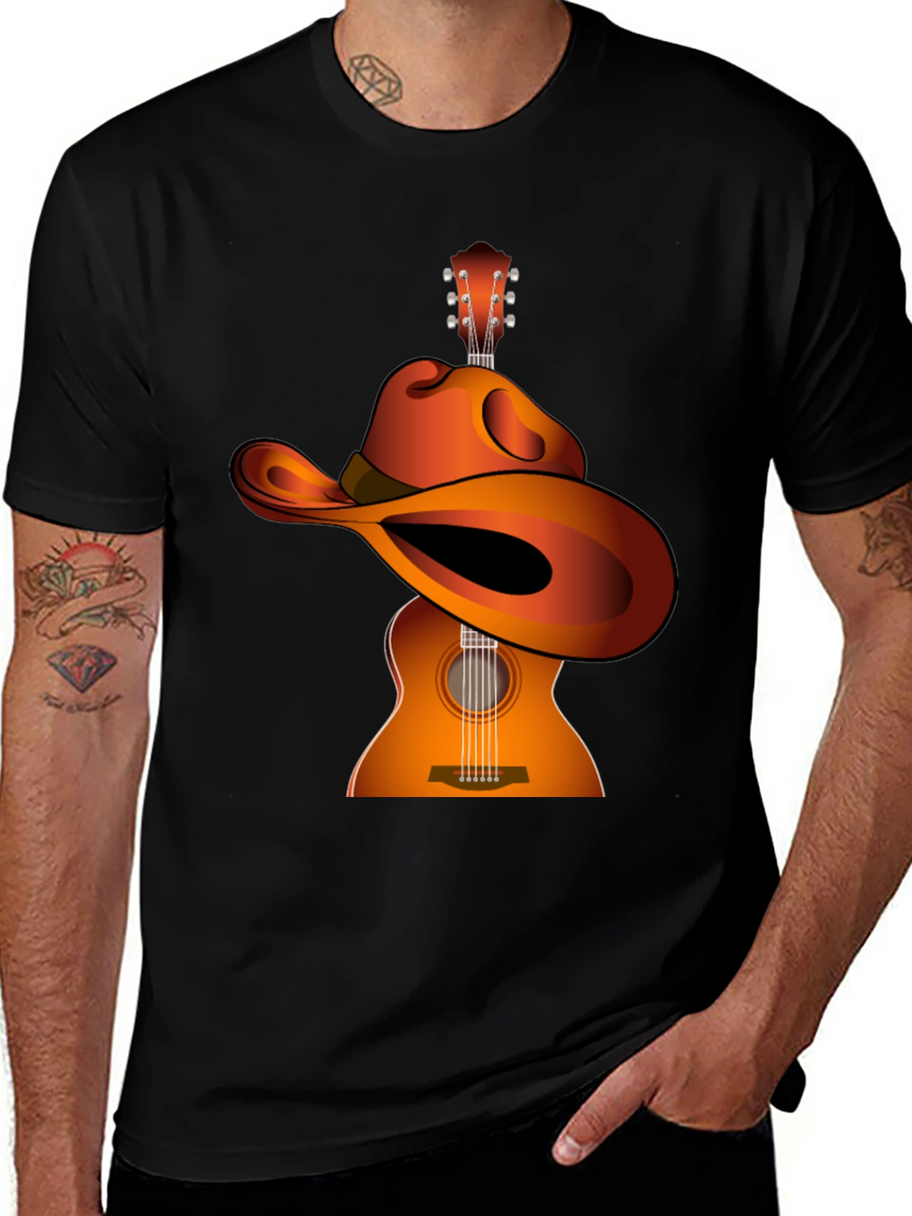 Guitar Cowboy Hat Graphic Tee - Musical Western Style