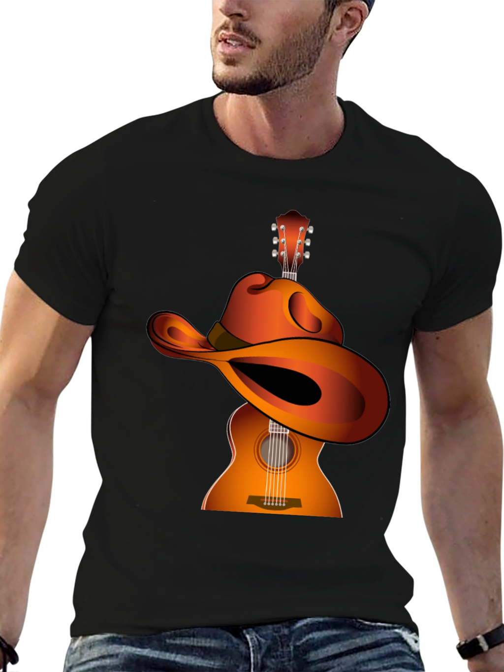 Guitar Cowboy Hat Graphic Tee - Musical Western Style
