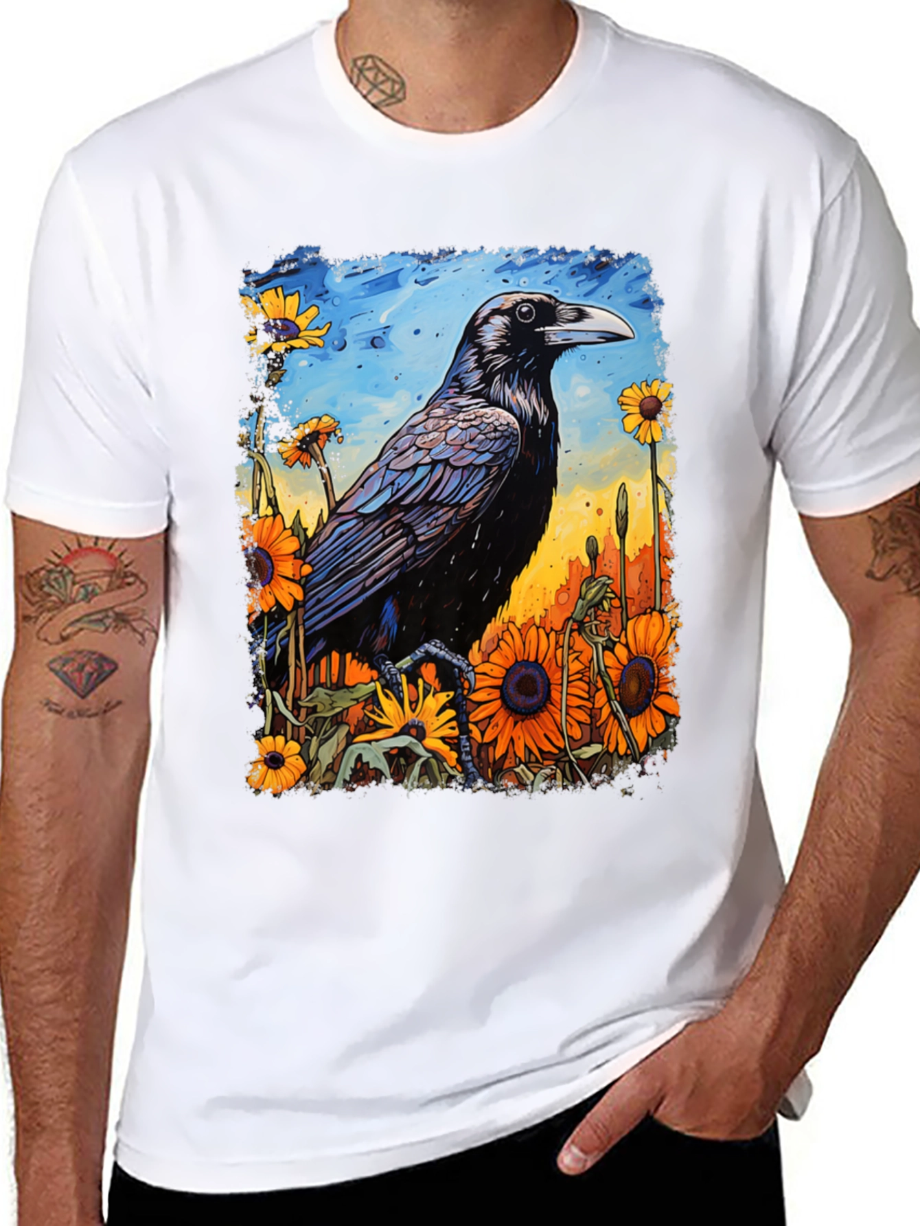 Raven & Sunflower Graphic T-Shirt - Unique Art Tee