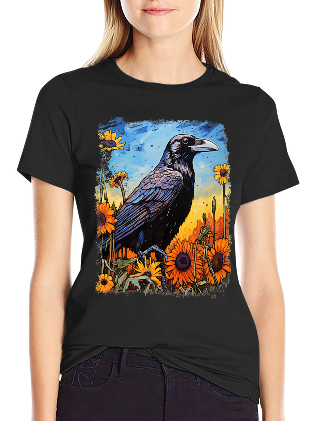 Raven & Sunflower Graphic T-Shirt - Unique Art Tee