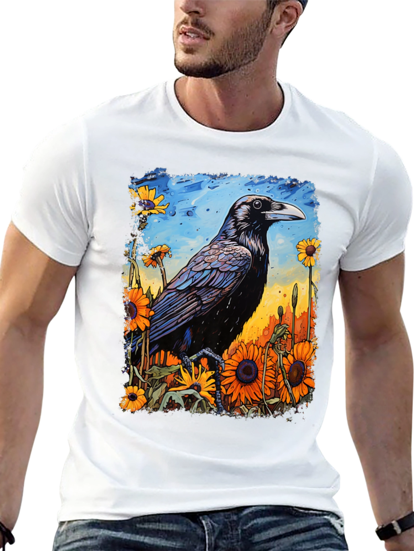Raven & Sunflower Graphic T-Shirt - Unique Art Tee