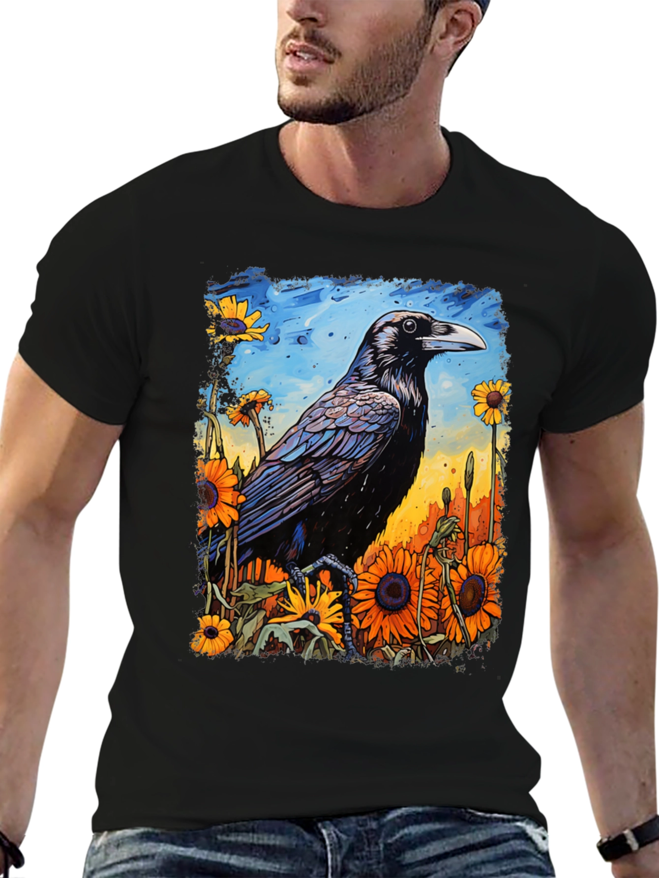 Raven & Sunflower Graphic T-Shirt - Unique Art Tee