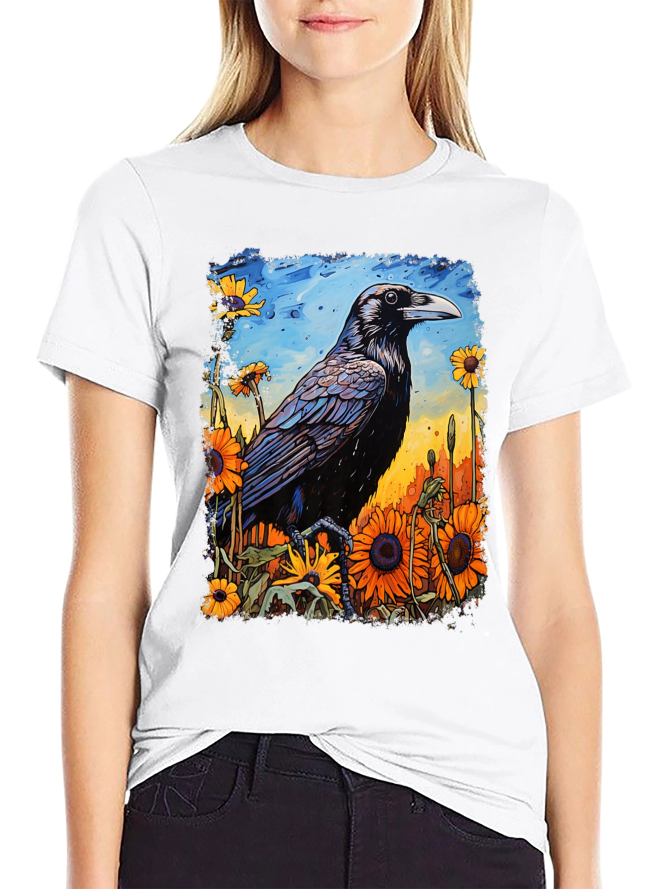 Raven & Sunflower Graphic T-Shirt - Unique Art Tee