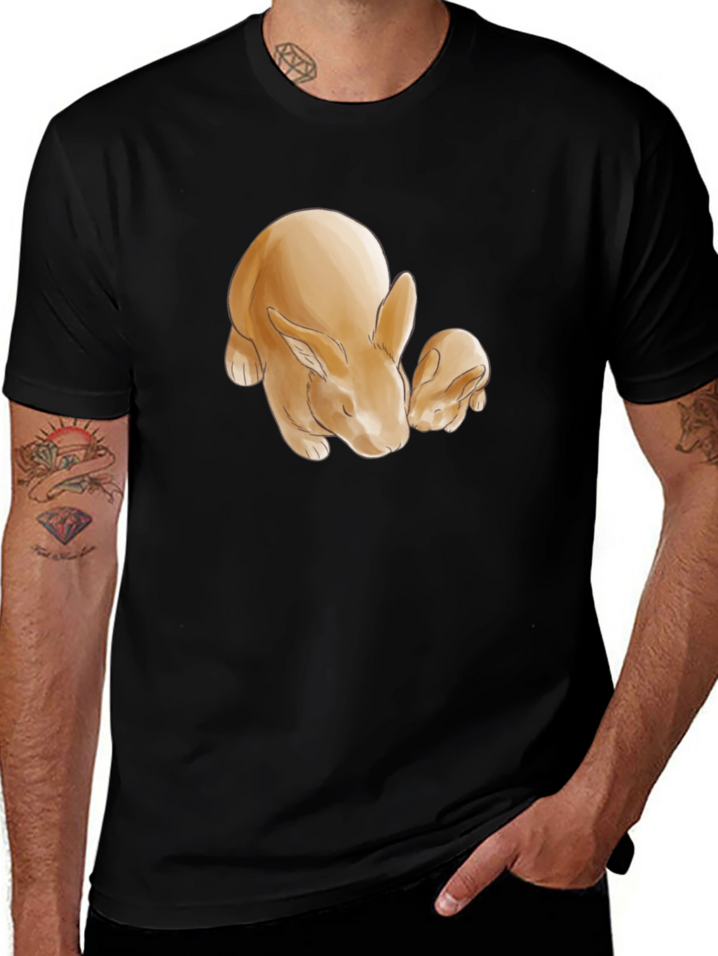 Cute Rabbit Print Black T-Shirt