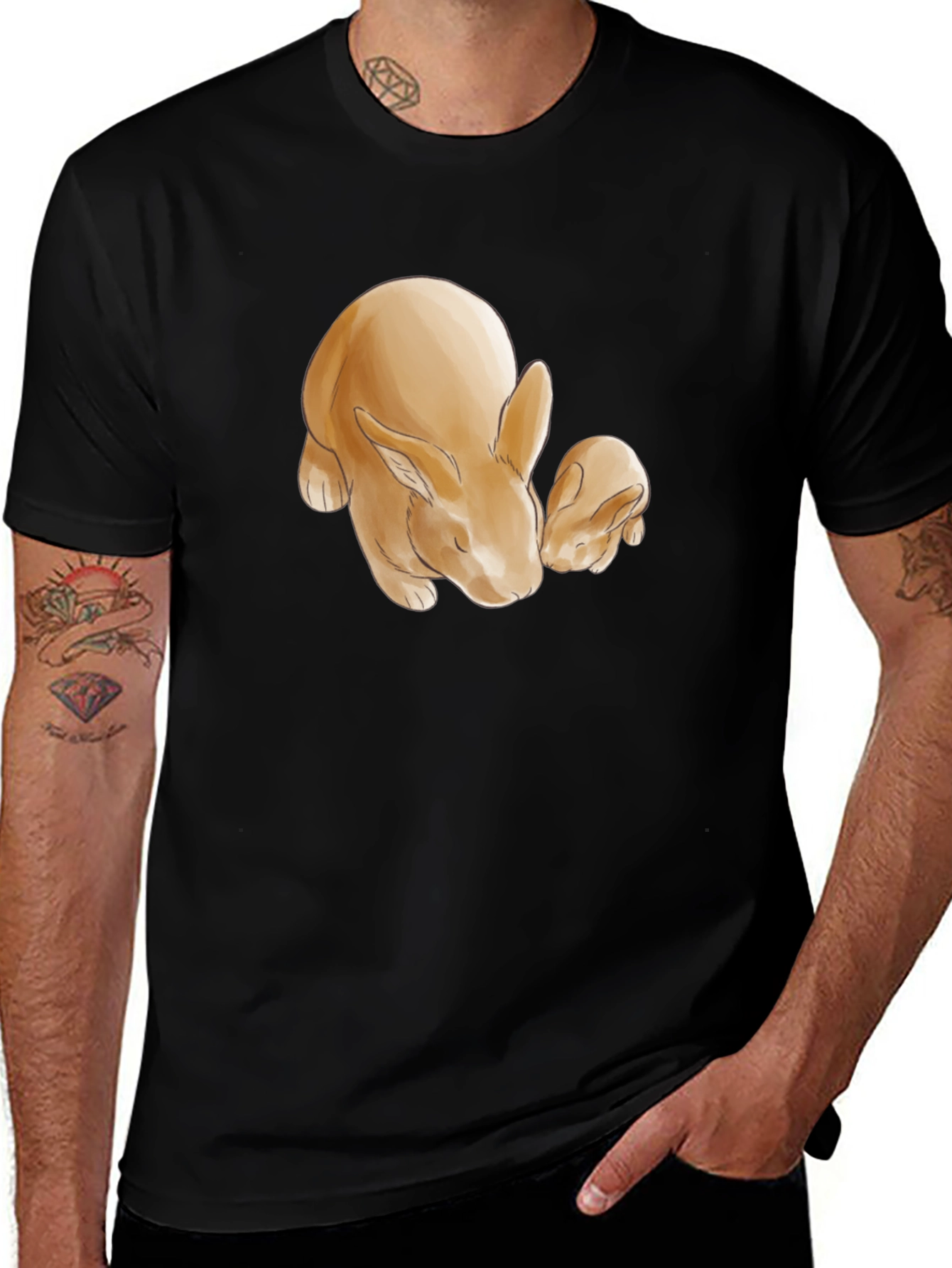 Cute Rabbit Print Black T-Shirt