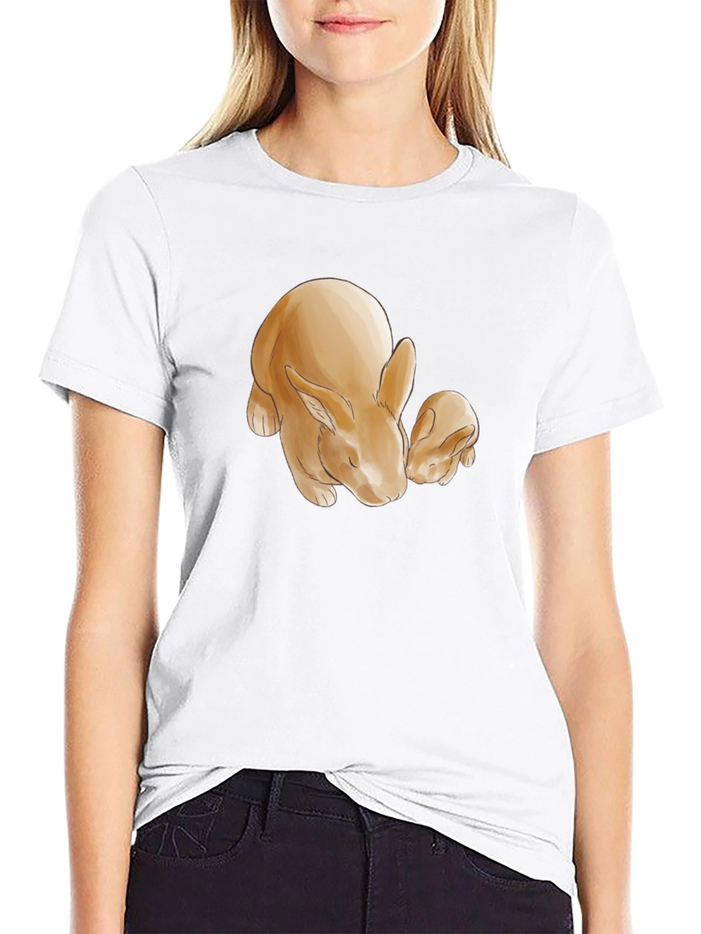 Cute Rabbit Print Black T-Shirt