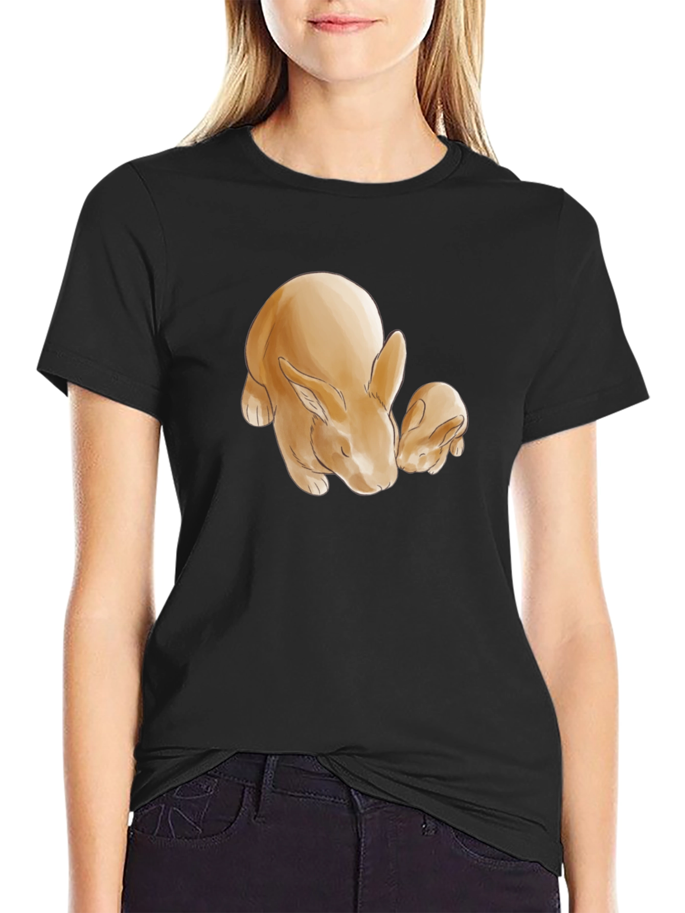 Cute Rabbit Print Black T-Shirt