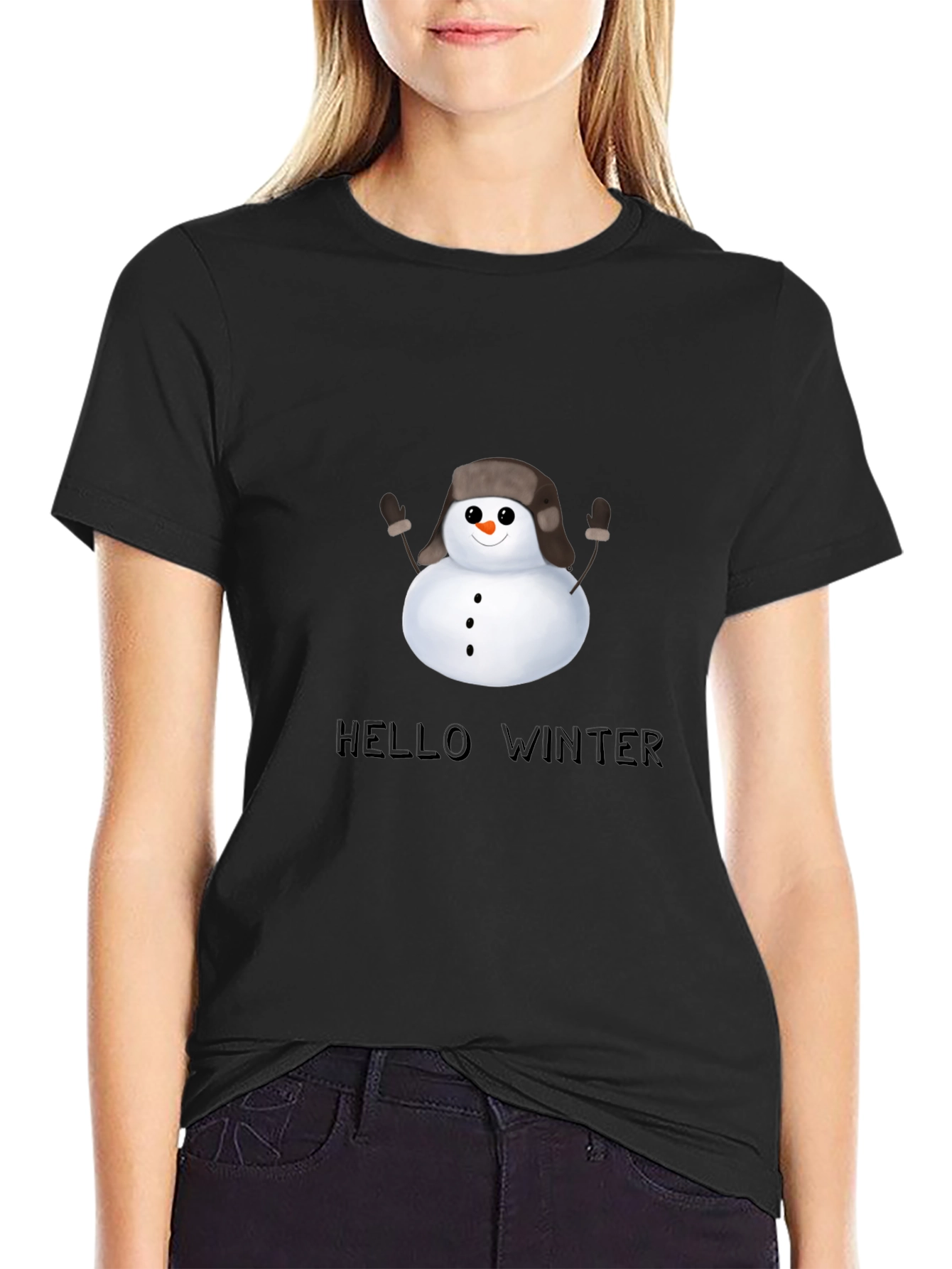 Hello Winter Snowman T-Shirt - Black