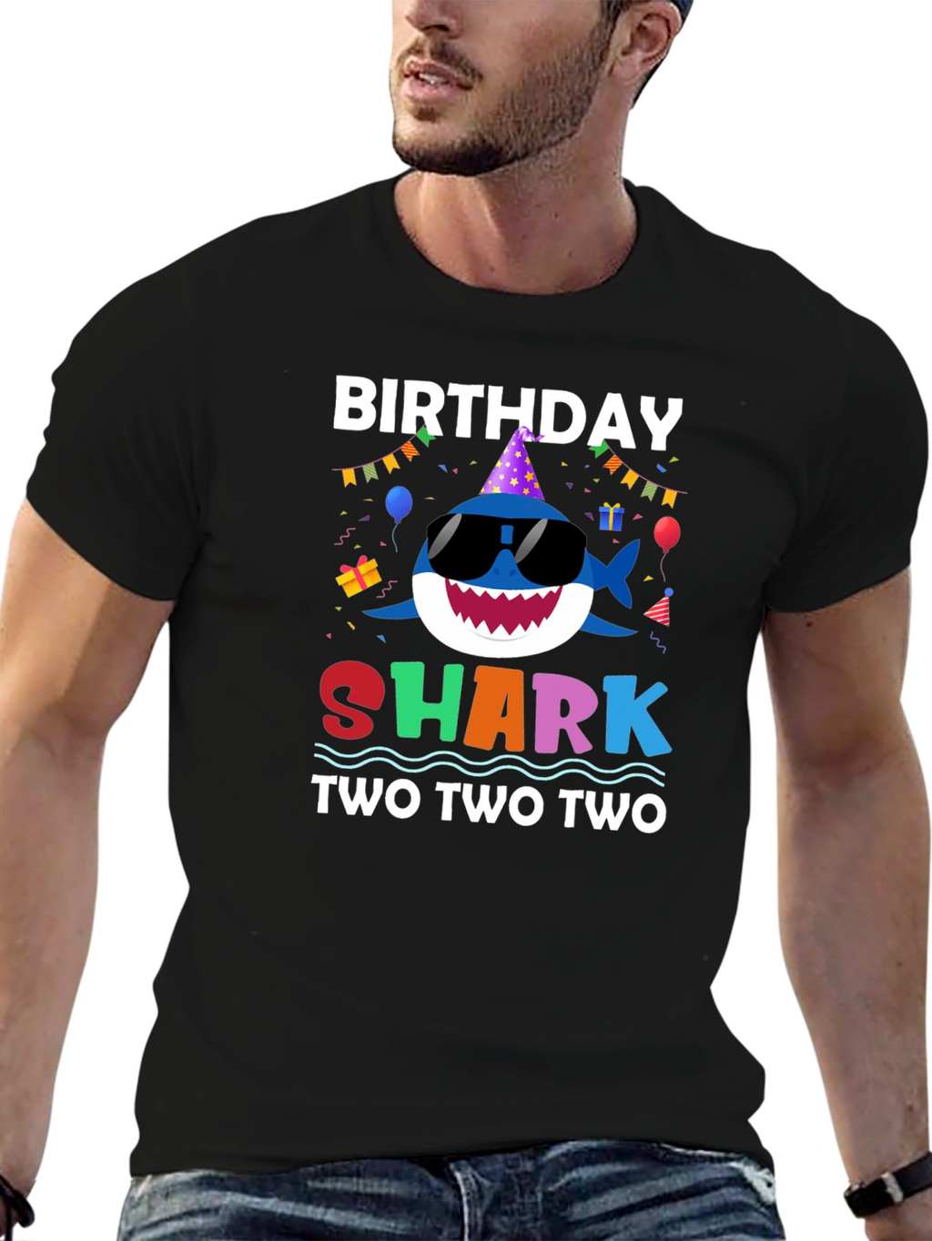 Birthday Shark Two Two Two Black T-Shirt