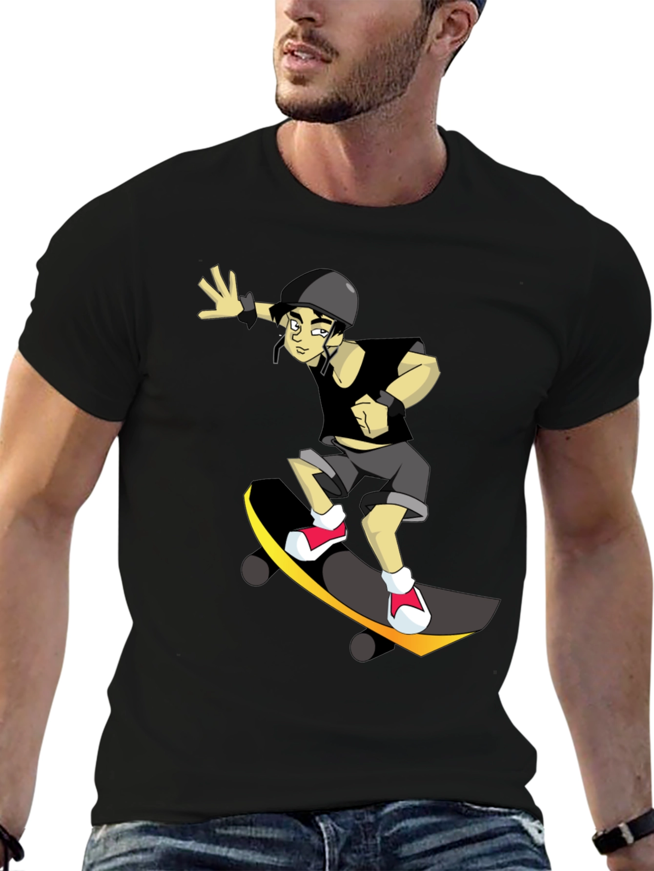 Skateboarding Cartoon Graphic Black Tee