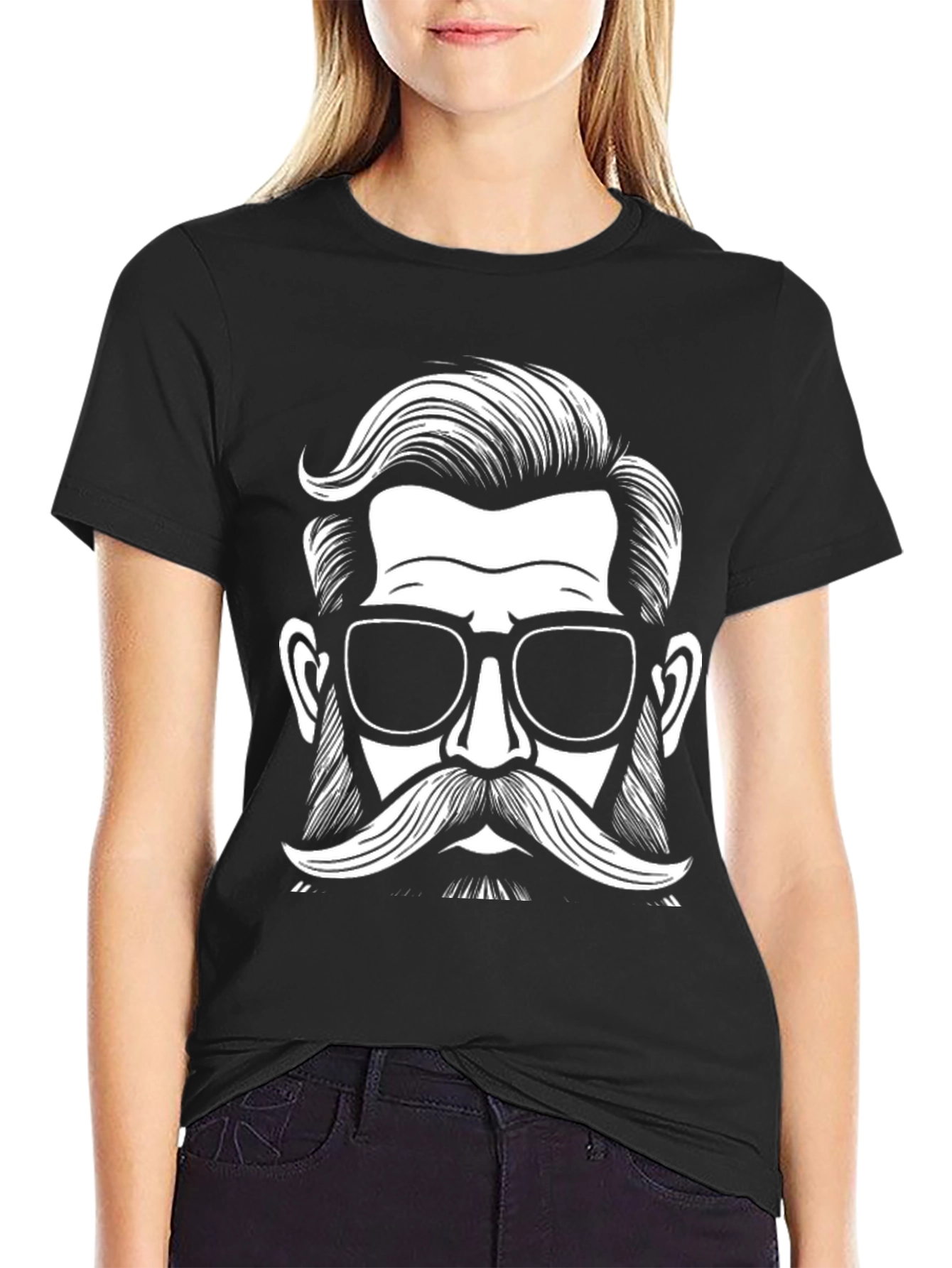 Black Graphic Tee - Retro Hipster with Mustache