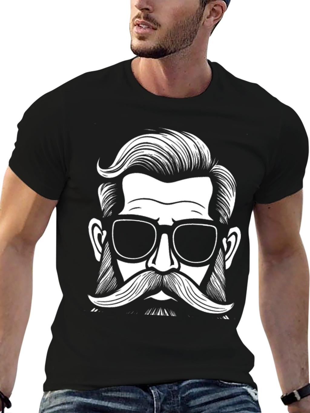 Black Graphic Tee - Retro Hipster with Mustache