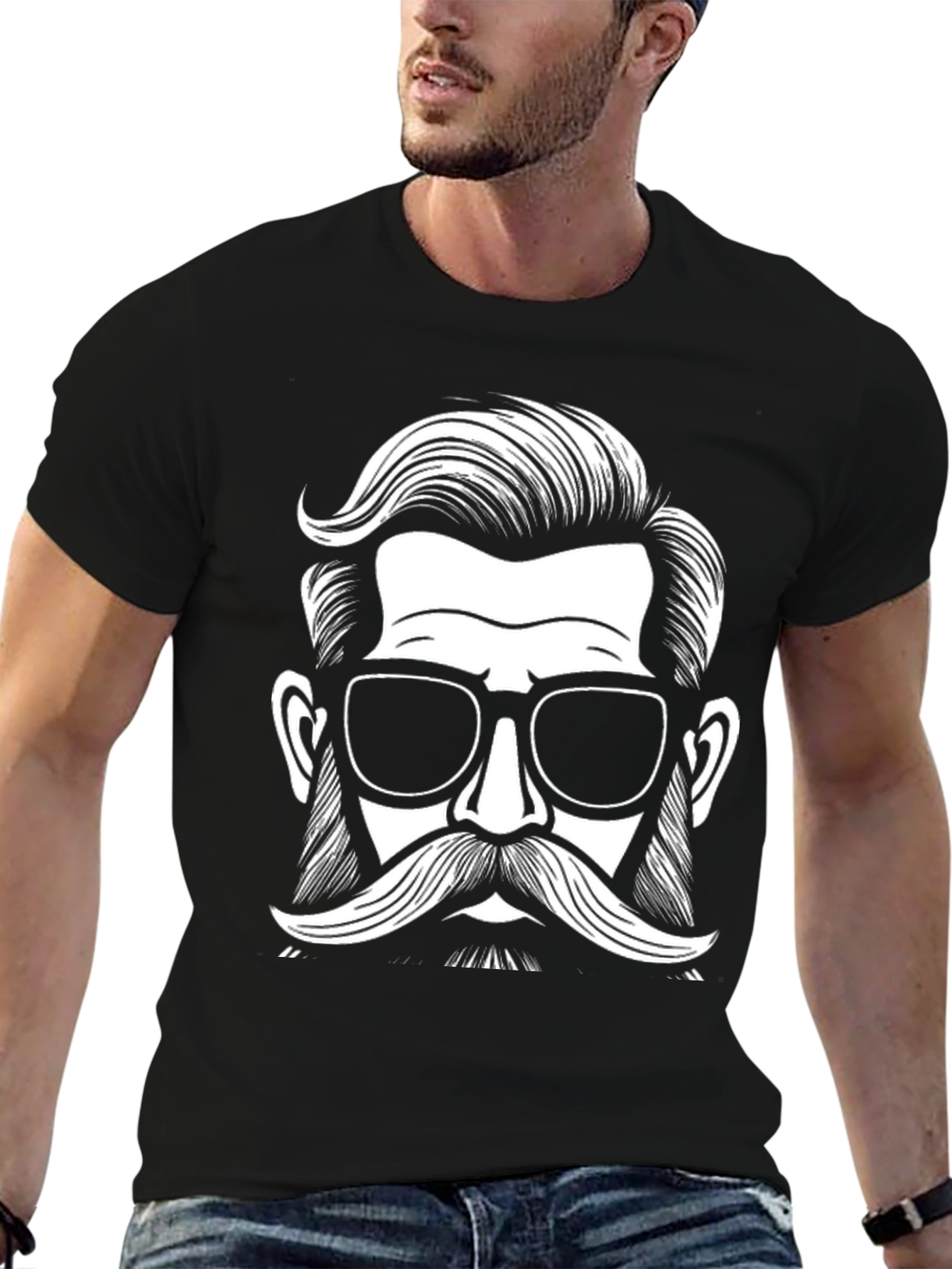 Black Graphic Tee - Retro Hipster with Mustache