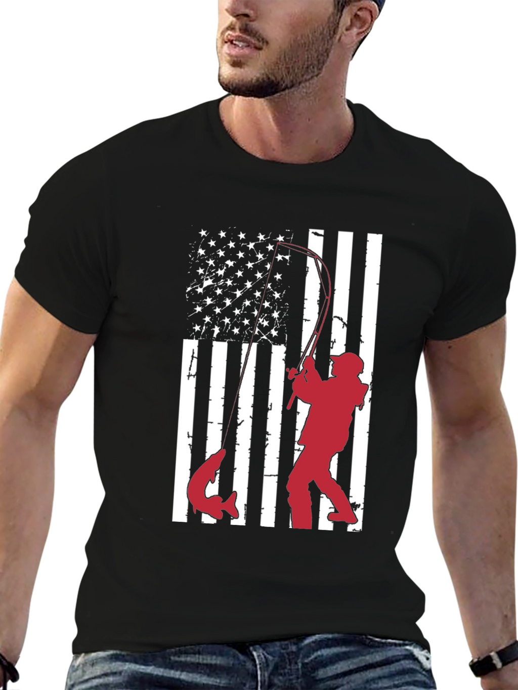 Fishing American Flag Graphic T-Shirt