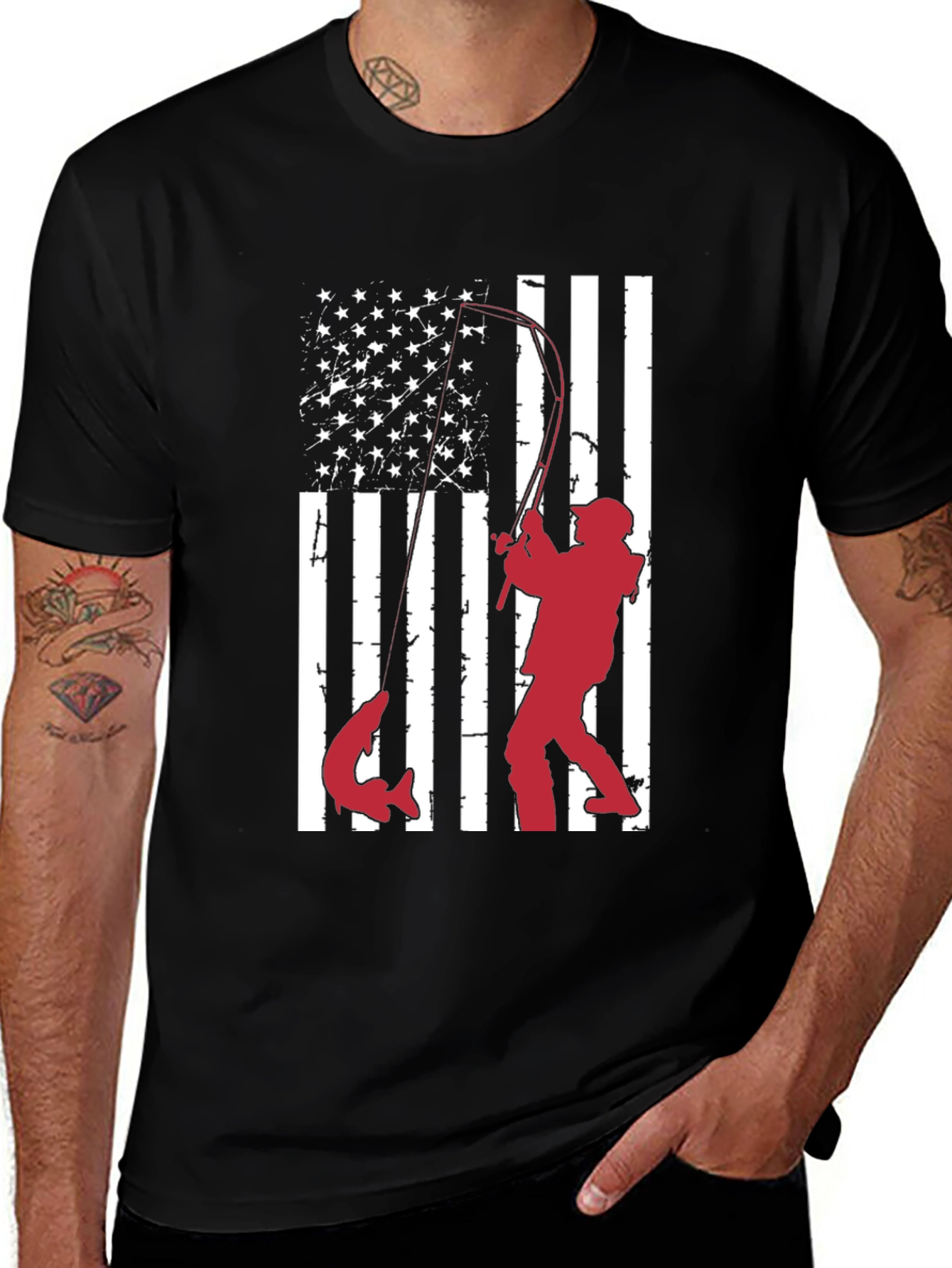 Fishing American Flag Graphic T-Shirt