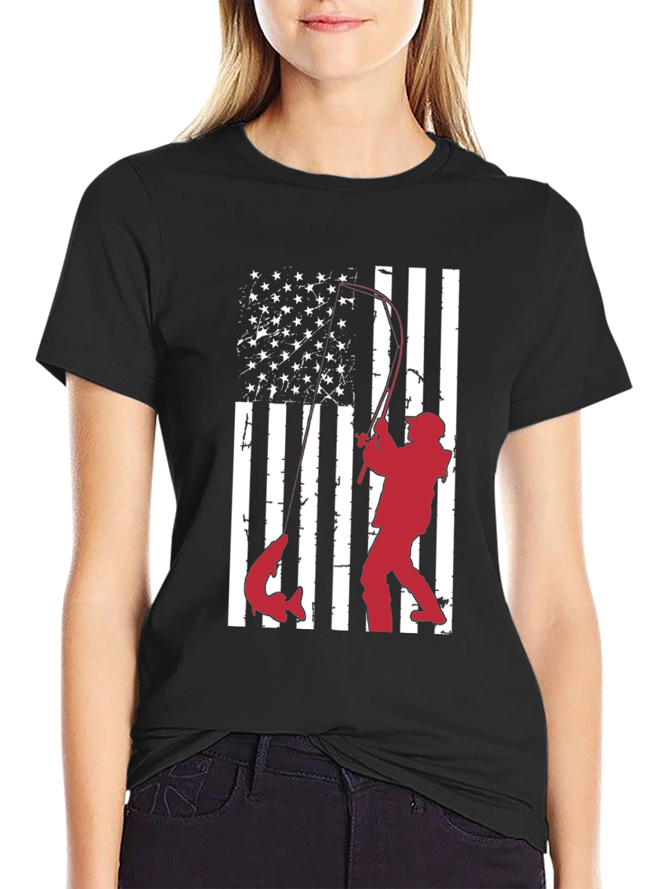 Fishing American Flag Graphic T-Shirt
