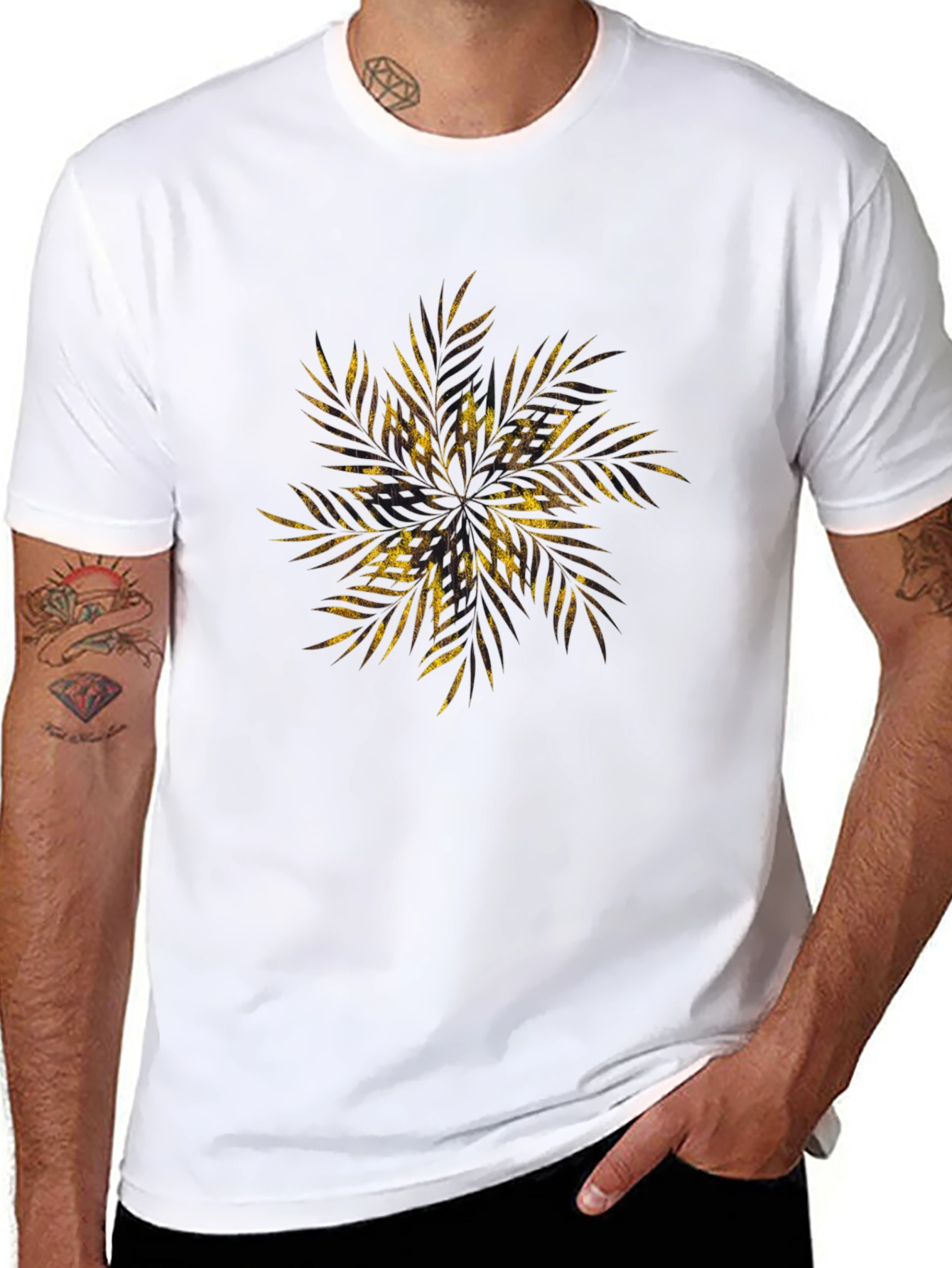 Mens Black Tee with Gold Tropical Leaf Design