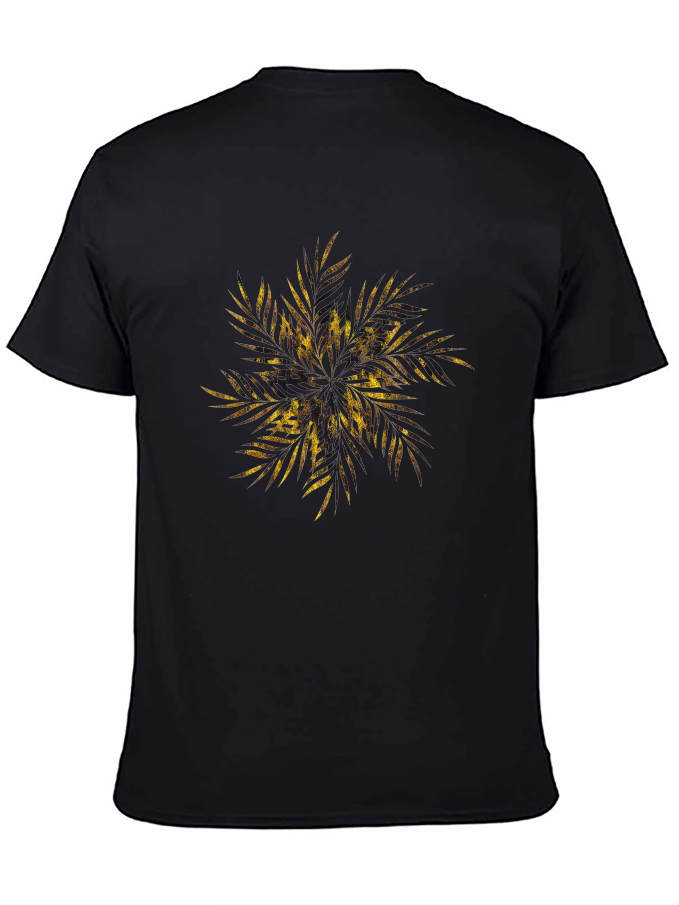 Mens Black Tee with Gold Tropical Leaf Design