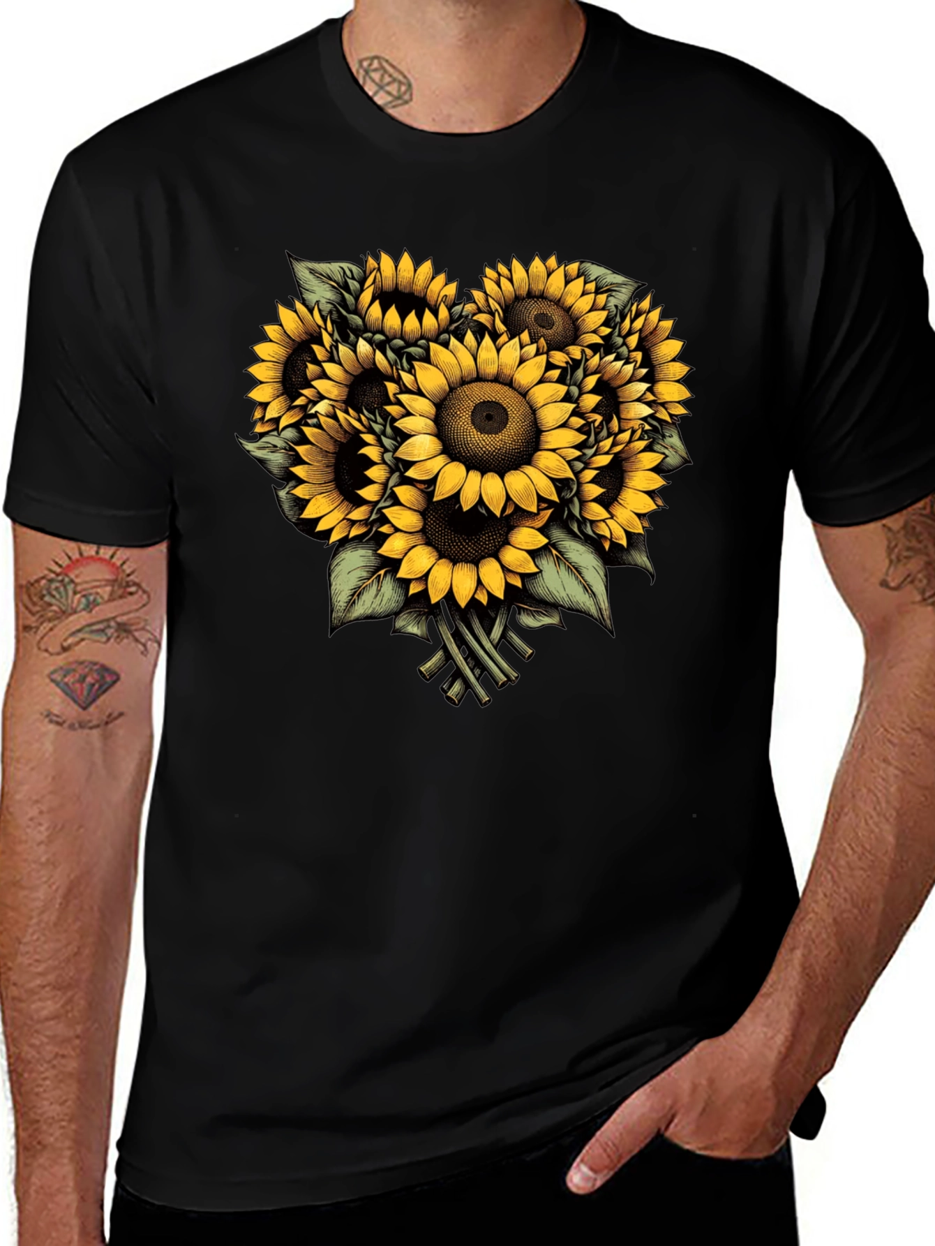 Sunflower Bouquet Graphic Tee - Black Cotton T-Shirt