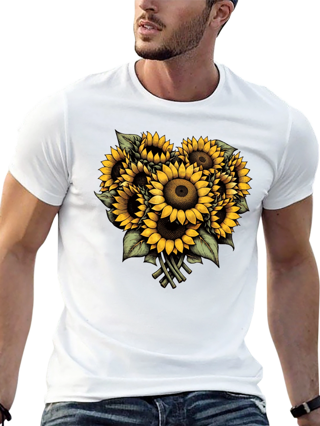 Sunflower Bouquet Graphic Tee - Black Cotton T-Shirt