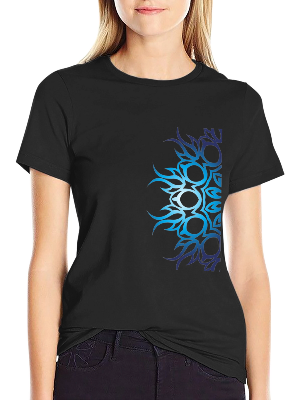 Mens Black T-Shirt with Blue Tribal Design