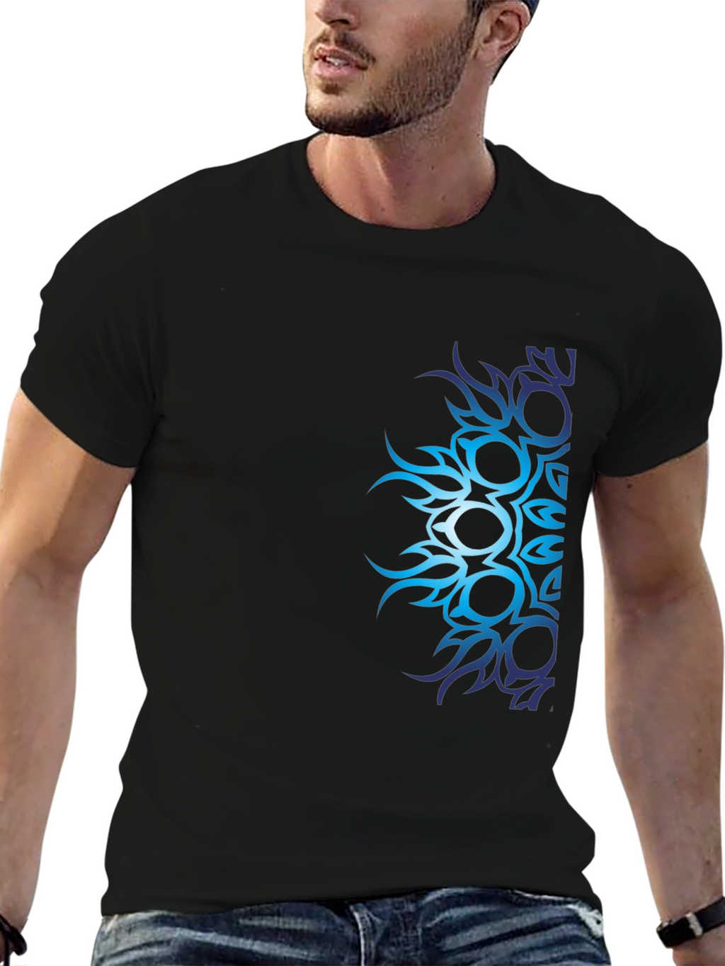 Mens Black T-Shirt with Blue Tribal Design
