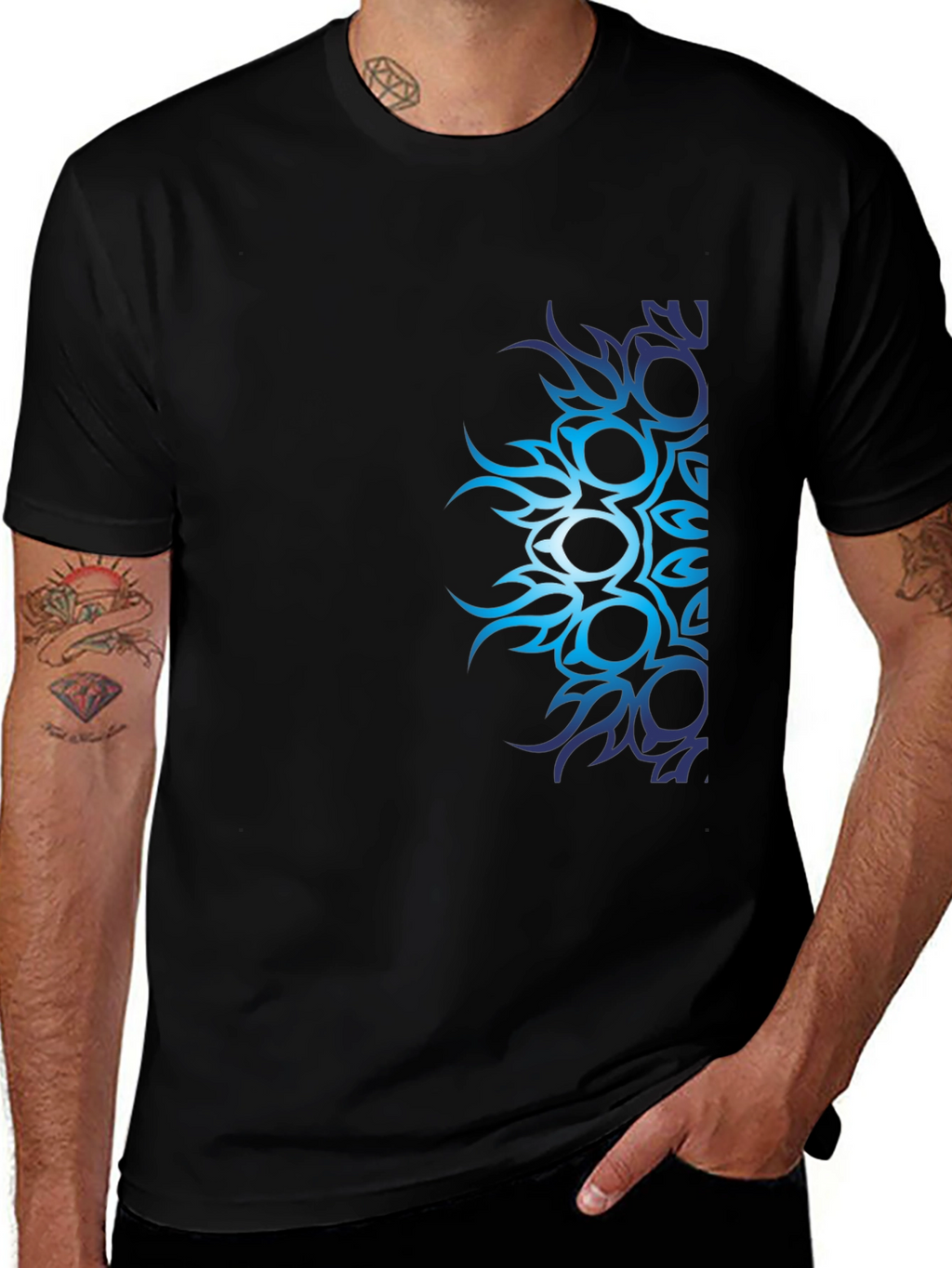 Mens Black T-Shirt with Blue Tribal Design