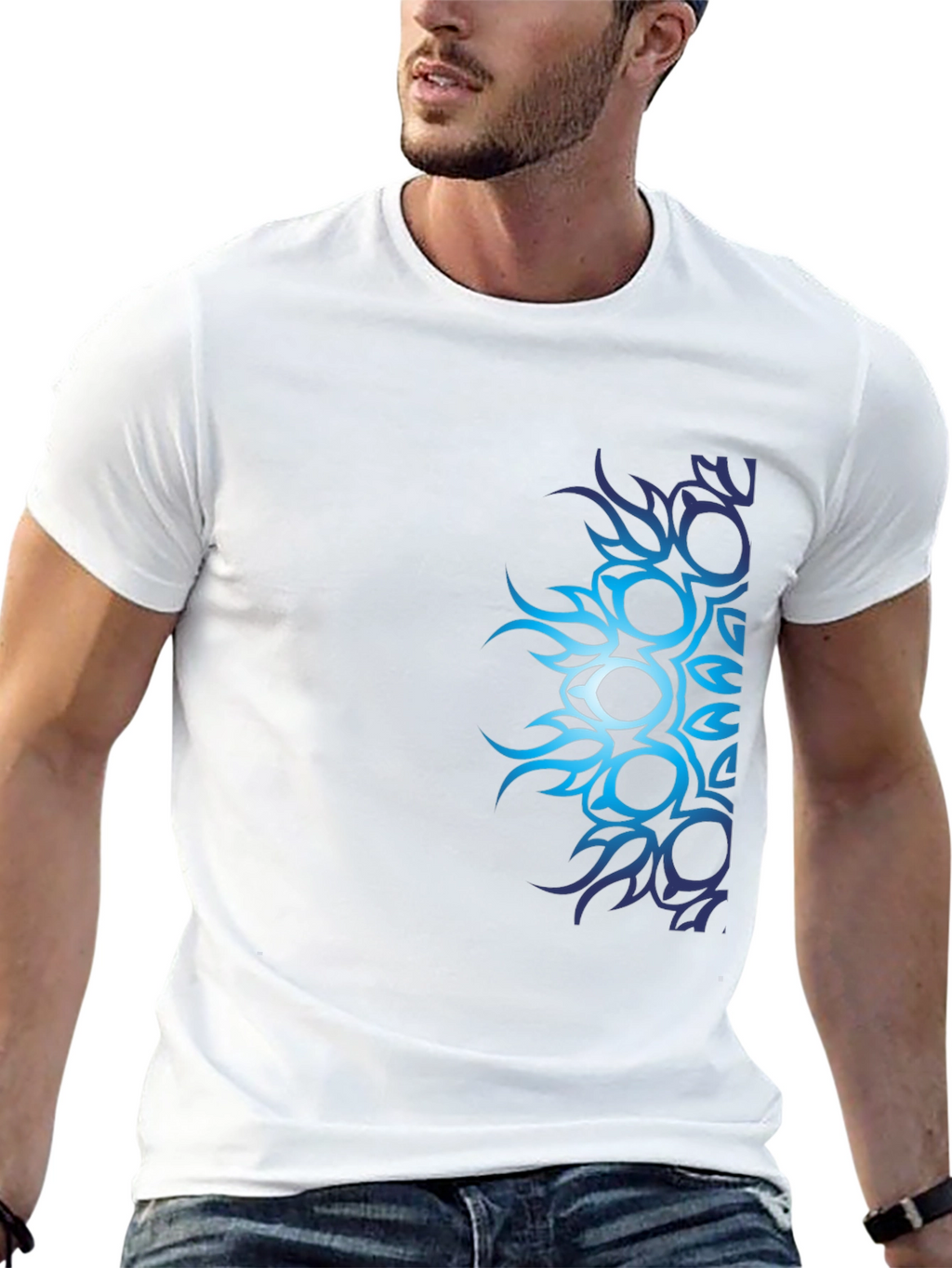Mens Black T-Shirt with Blue Tribal Design